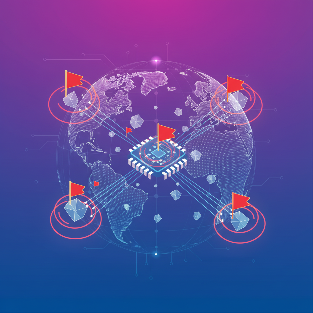 An abstract, clean infographic showing data packets flowing from a microchip to a global network, with some packets being flagged or monitored. Use a modern, high-tech style with a gradient background, no text.