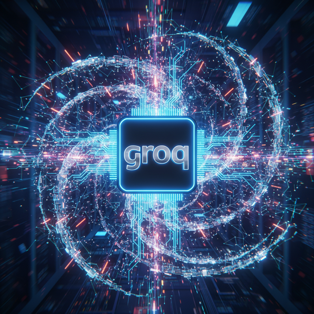 A visual metaphor of rapid growth in the AI chip market, showing a stylized Groq logo at the center of expanding data streams and glowing network connections, signifying influence and widespread adoption, with a tech-inspired, vibrant background, no text, 1:1 aspect ratio