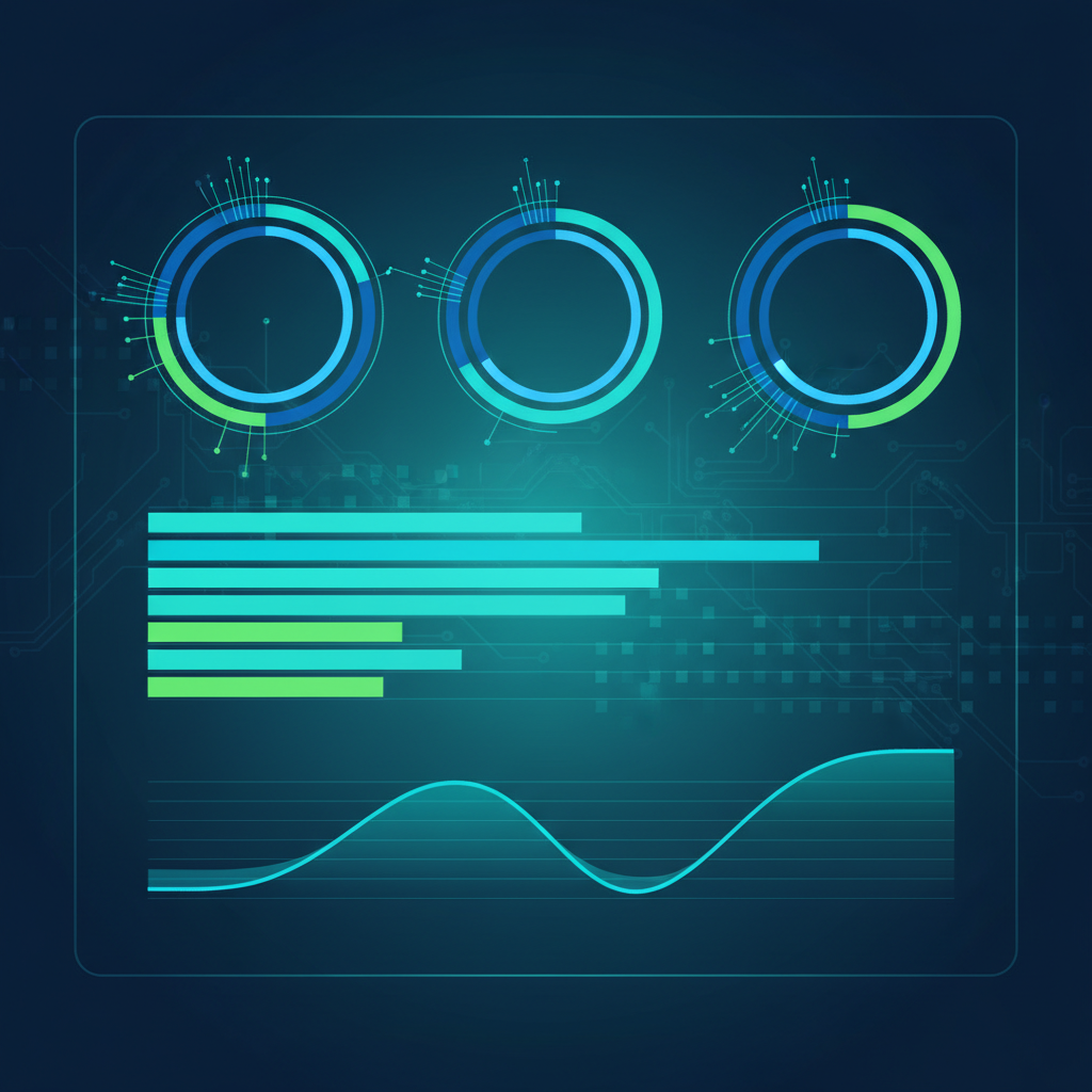 Clean infographic showing an AI coding cost management dashboard with charts and graphs. Modern layout, high contrast, blue and green color scheme, textured background, no visible text or numbers.