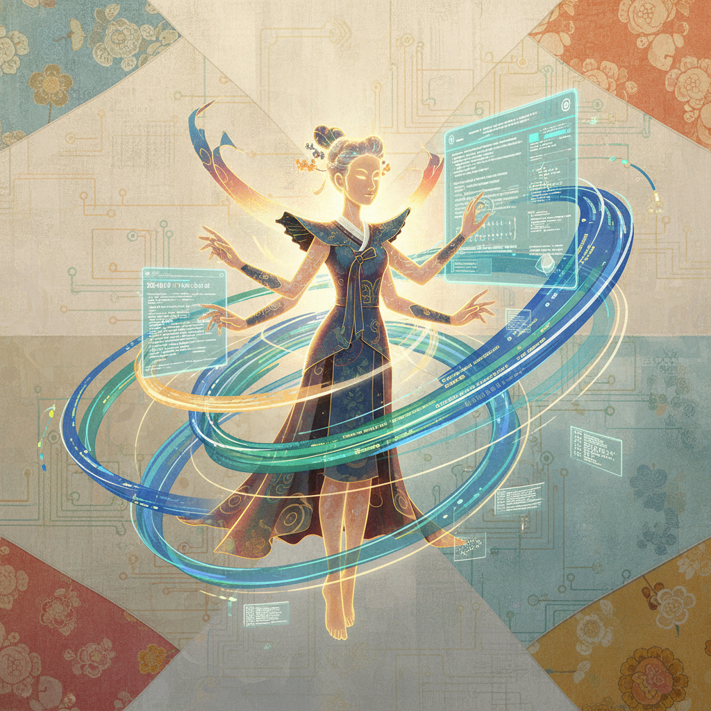 An AI coding agent analyzing and improving software code, illustration, artistic rendering, textured background, no text, bright balanced lighting, centered focus, visually rich, Korean appearance