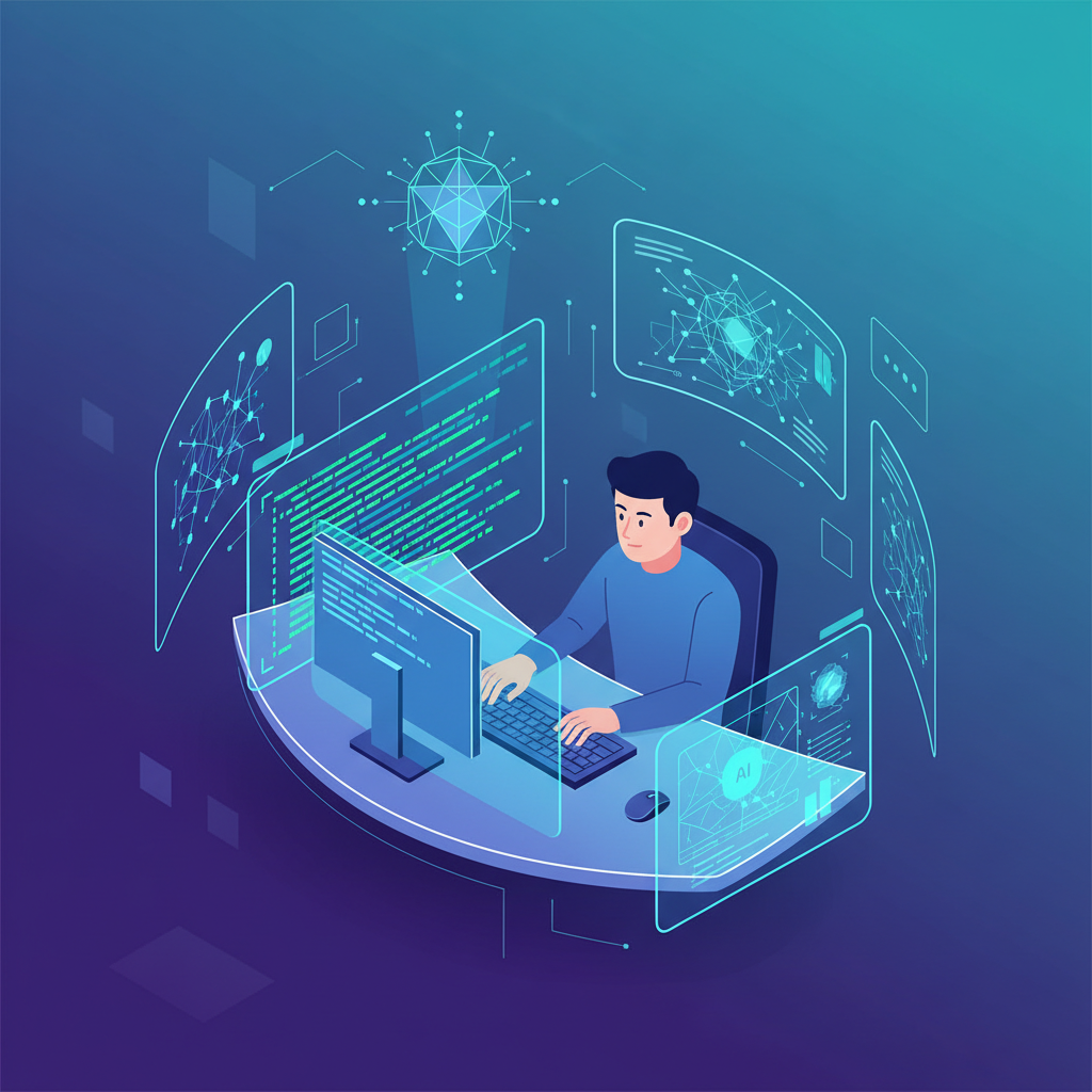 A dynamic scene of a Korean software developer working on a complex coding project, with futuristic AI interfaces assisting them on multiple screens. The developer looks focused and productive, surrounded by a vibrant, modern workspace. Clean infographic style, high contrast, colored background, no text.