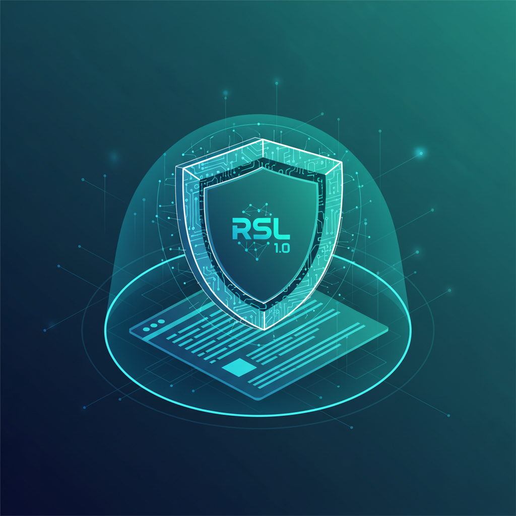 A digital shield protecting web content from AI scrapers, with RSL 1.0 logo subtly integrated, clean infographic style, modern layout, high contrast, blue and green gradient background, no text