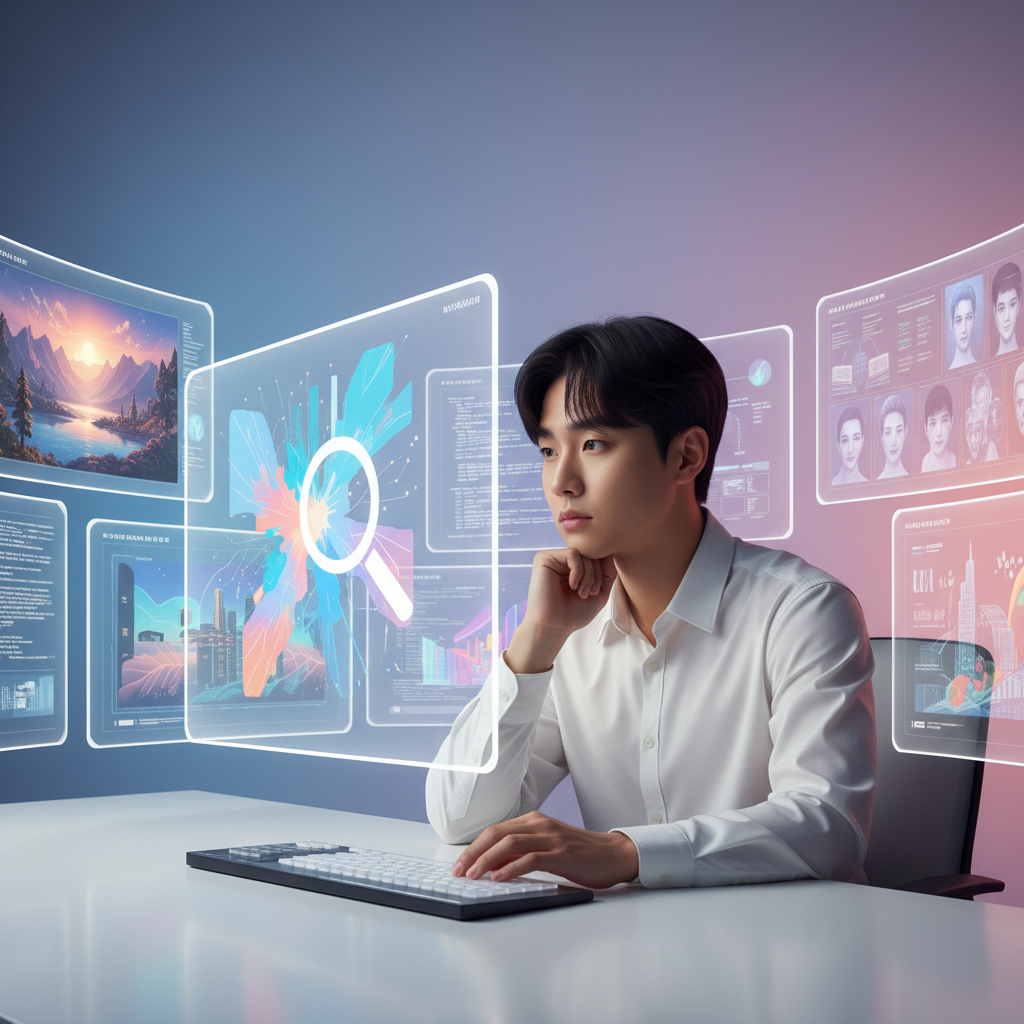 A young Korean person thoughtfully evaluating various digital screens showing different types of AI-generated content, with a magnifying glass icon subtly integrated, emphasizing critical thinking and discernment, modern digital workspace, bright and balanced lighting, colored background, no text, 4:3 aspect ratio