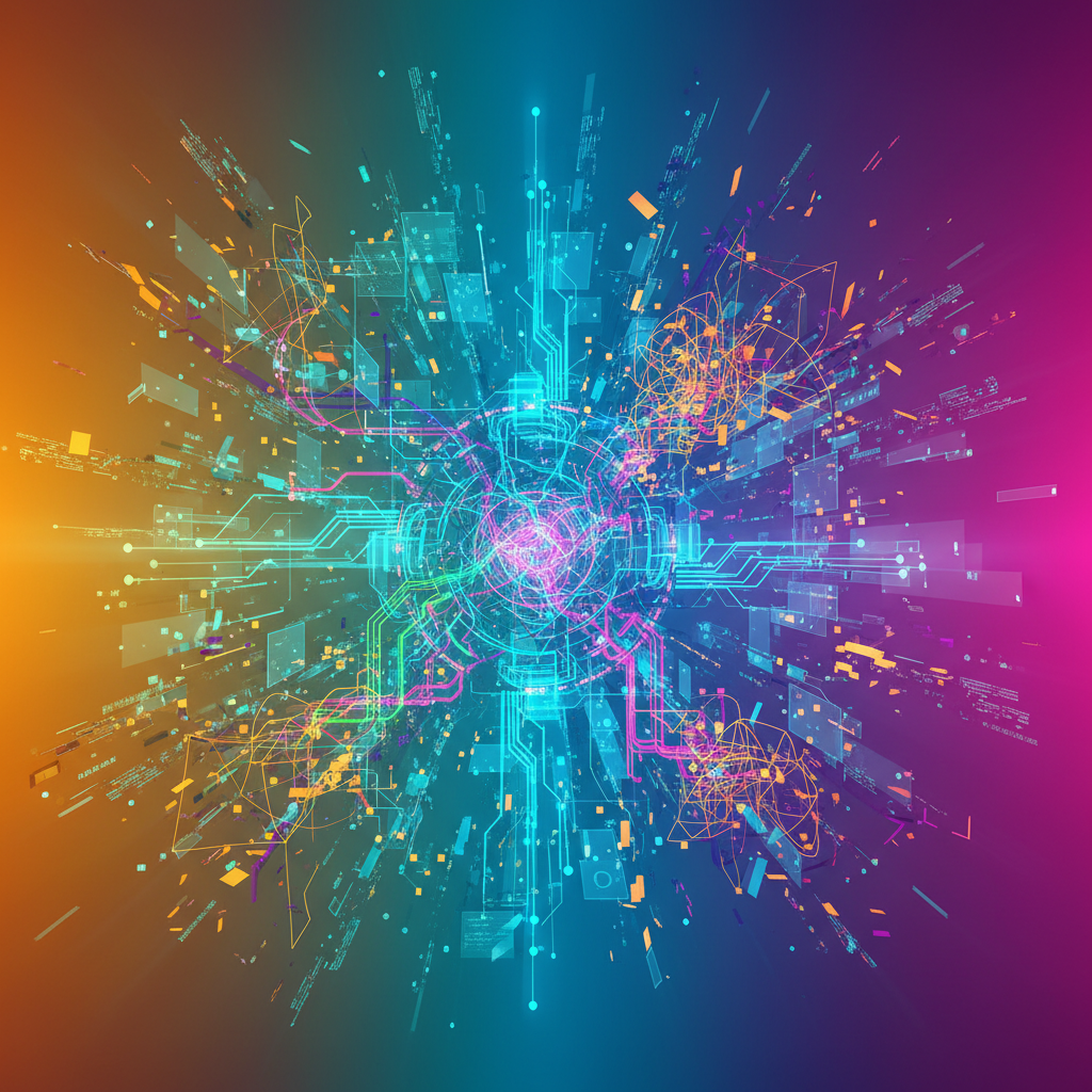 An abstract, dynamic visual representation of AI generating a continuous stream of digital content, some parts appear chaotic or messy, set against a vibrant gradient background, clean infographic style, no text