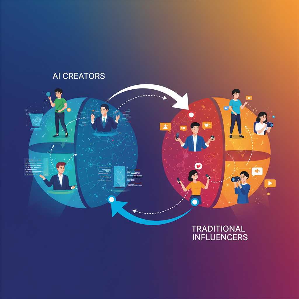 clean infographic, modern layout, high contrast, showing interconnected digital spheres representing AI creators and traditional influencers, with arrows indicating shifts and changes, on a colored gradient background. No visible text. Korean appearance for people if any.