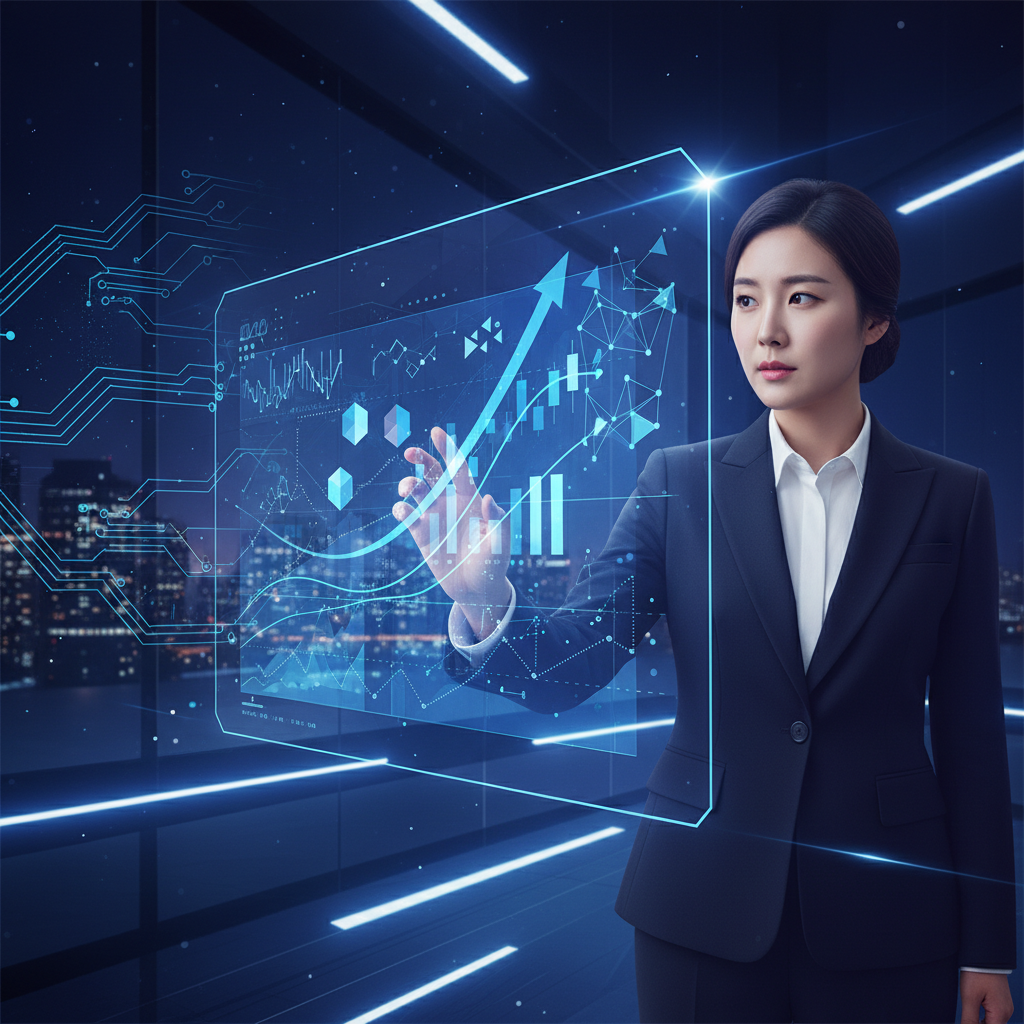 A visually rich infographic showing a Korean chief investment officer interacting with a holographic display that visualizes AI investment returns and data, high contrast, clean lines, technological background, no text.