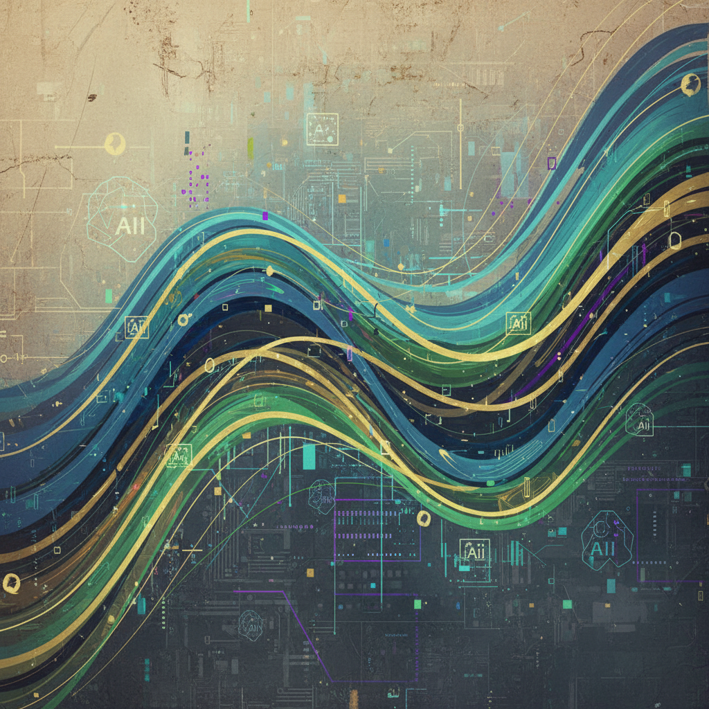 An abstract artistic rendering showing market fluctuations with upward and downward trends, subtle AI elements, textured background, no visible text, 1:1 aspect ratio