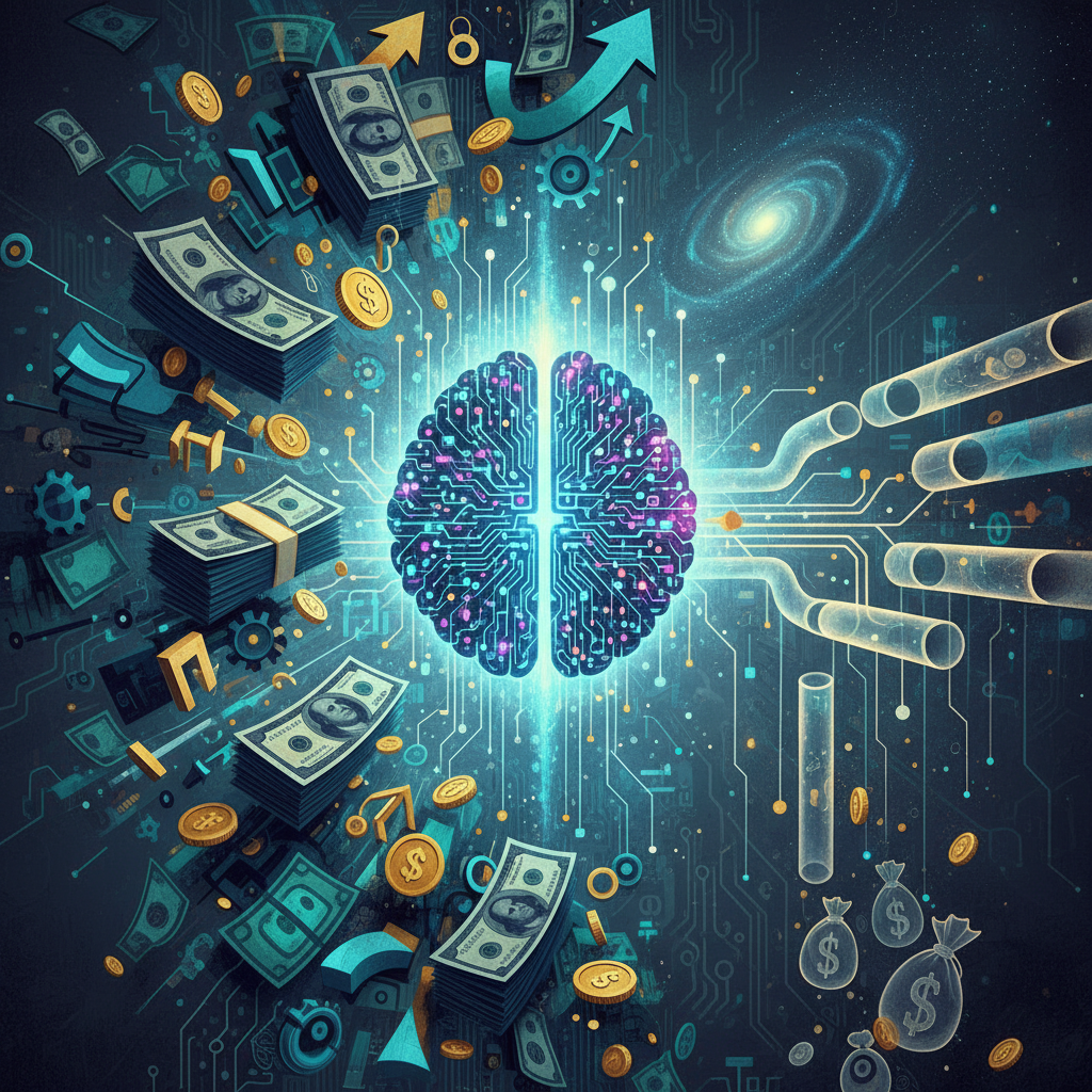 An artistic rendering of large stacks of money or abstract investment symbols flowing into a complex, glowing AI network, but with a subtle indication of an empty or draining output, symbolizing unclear profits. Illustration style, textured background, bright, balanced lighting, no text.