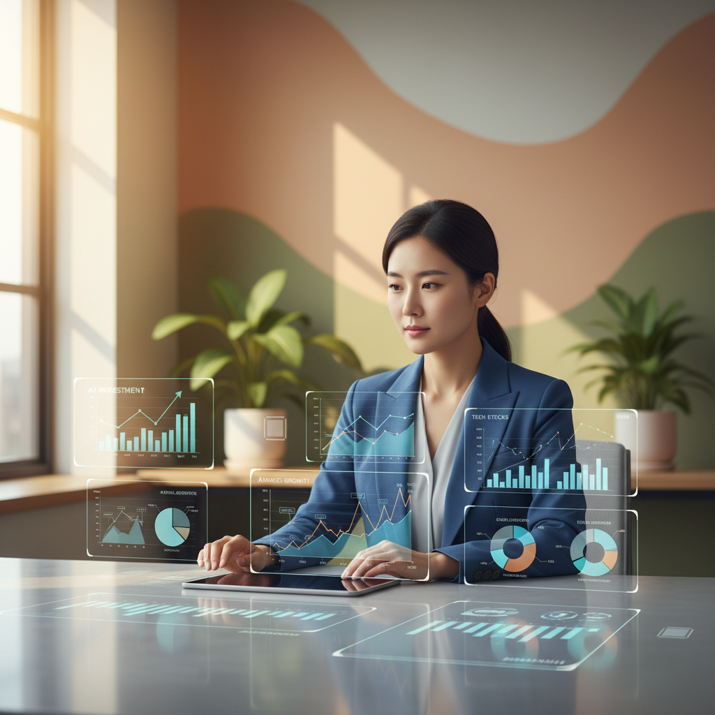 A professional-looking person (Korean appearance, neutral expression) analyzing data and charts related to AI investments and market trends, in a clean, modern office setting, lifestyle photography, warm lighting, natural setting, colored background, no text, 4:3 aspect ratio
