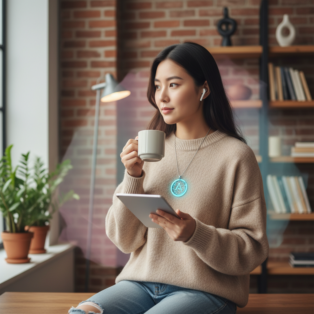 A young Korean woman with a stylish AI pendant around her neck, seamlessly integrating it into her daily routine, modern lifestyle photography, subtle colored background, natural light, no text, 1:1 aspect ratio