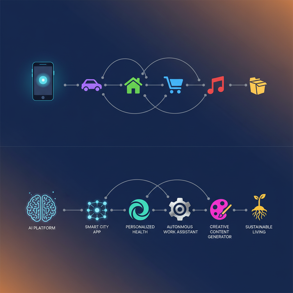 A visually rich infographic showing a timeline with a smartphone evolving into diverse apps like Uber and Airbnb. Below it, an AI platform similarly progressing towards stable, innovative consumer applications. Clean infographic, modern layout, high contrast, colored background, no text, 1:1 aspect ratio, centered focus