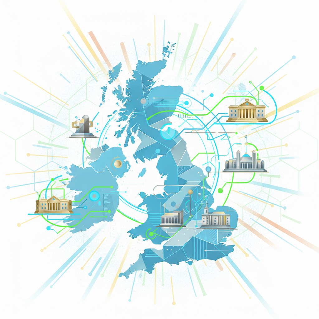 A clean, modern infographic showcasing the UK map integrated with abstract elements symbolizing advanced technology, universities, and research labs, set against a bright, textured background, clean infographic, modern layout, high contrast, colored background, no text, 1:1
