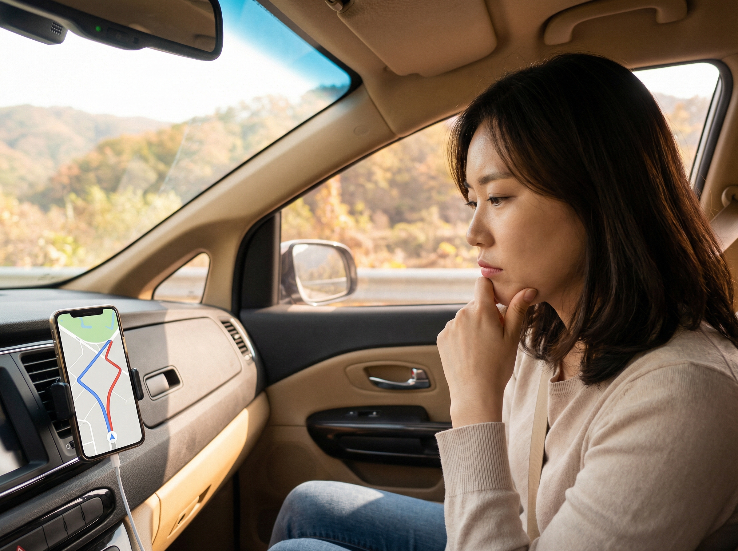 A Korean person in a car, looking at a navigation app on a smartphone, which displays two conflicting routes. The person's expression is thoughtful, considering the app's advice. Warm lighting, natural setting inside a car, colored background, no text, aspect ratio 4:3