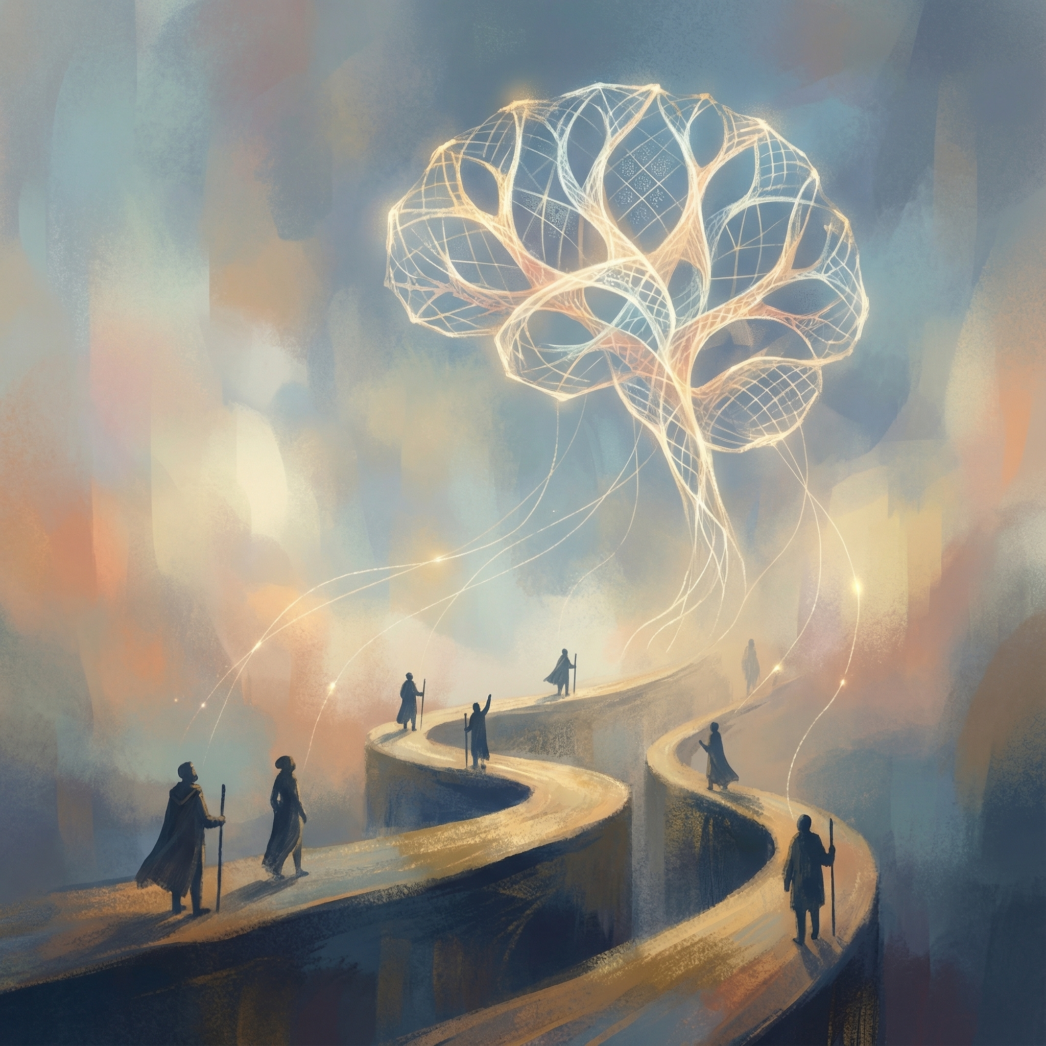An artistic illustration depicting small human figures looking up at a towering, glowing AI symbol, which subtly guides their paths. The overall tone is thoughtful, suggesting guidance rather than control. Artistic rendering, textured background with soft gradients, no text, aspect ratio 1:1