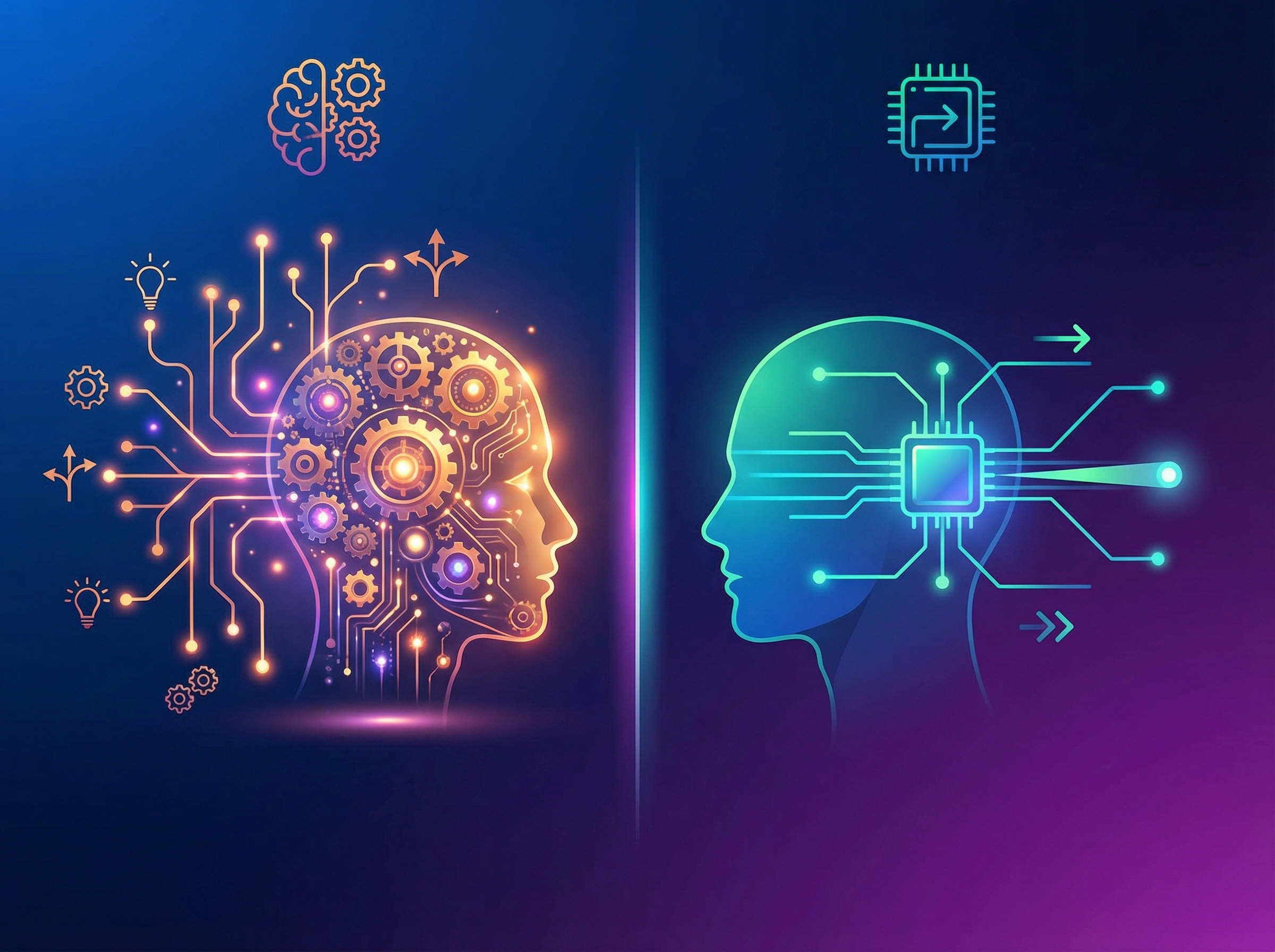 A clean infographic illustrating a comparison of brain activity. One side shows vibrant, active brain regions with "Human Critical Thinking" written metaphorically by various gears and lights, while the other side shows less active regions with "AI Assisted Task" with simpler, more direct lines. Modern layout, high contrast, colored gradient background, no text, aspect ratio 4:3