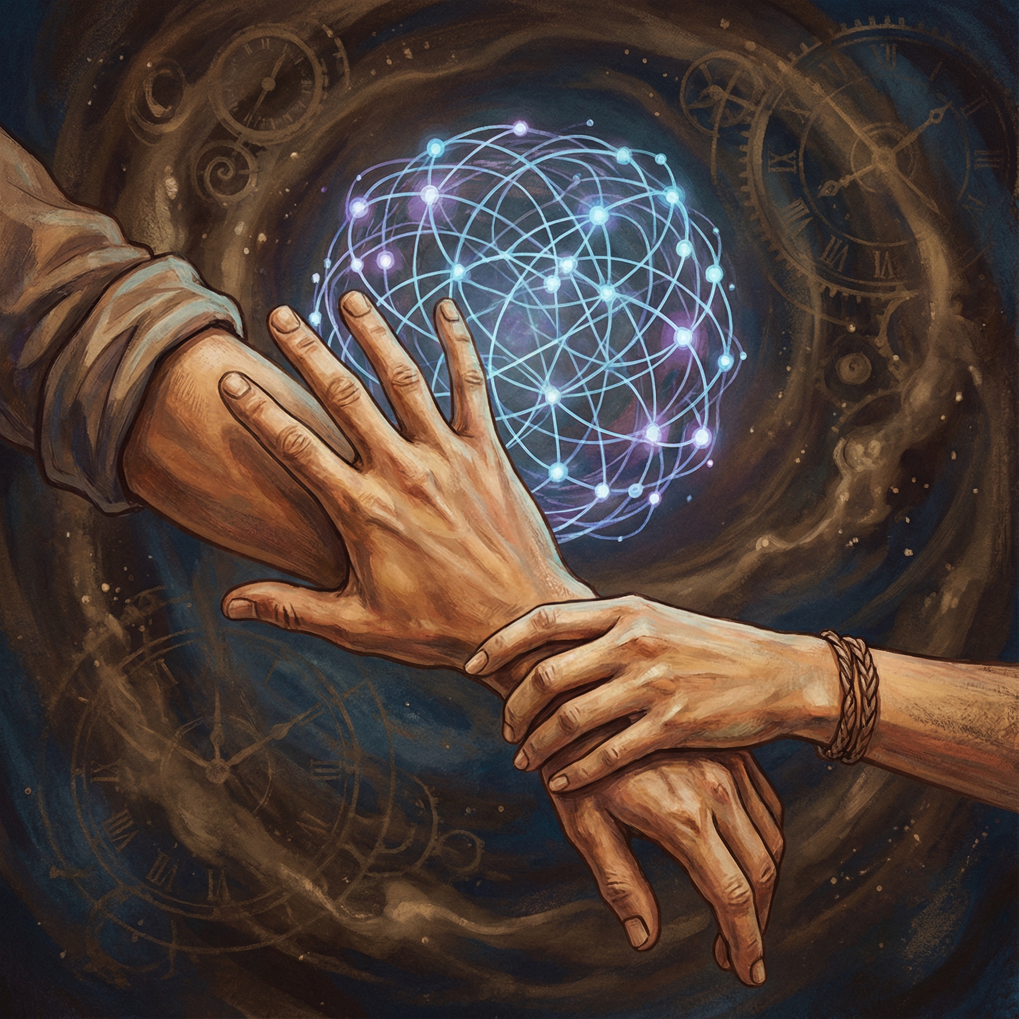 A symbolic illustration where a human hand is about to fully grasp a complex, glowing AI network, but another, more subtle human hand gently pulls it back, representing human agency and the importance of critical thinking in the AI era. Artistic rendering, textured, deep-colored background, no text, aspect ratio 1:1