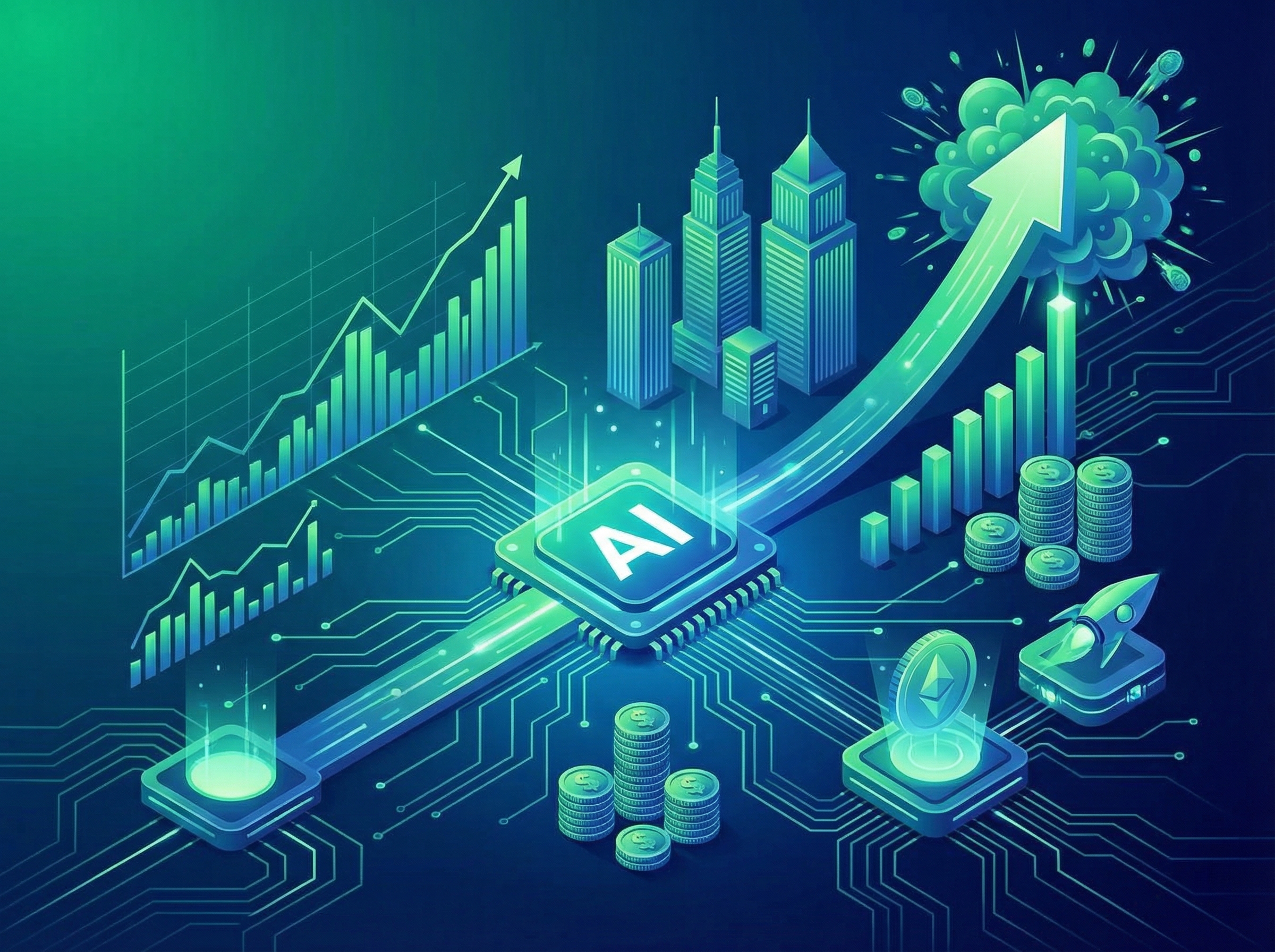 A clean infographic showing a significant increase in wealth due to AI technology, modern layout, high contrast, gradient blue and green background, no text, aspect ratio 4:3