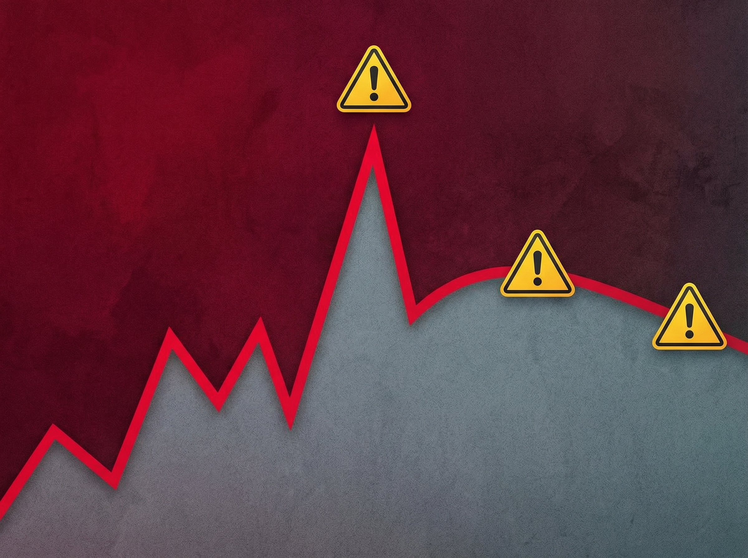 A modern infographic showing a volatile stock market chart with an upward trend reaching a peak, then a subtle downward curve, with caution signs, against a textured red and grey background, clean layout, no text, aspect ratio 4:3