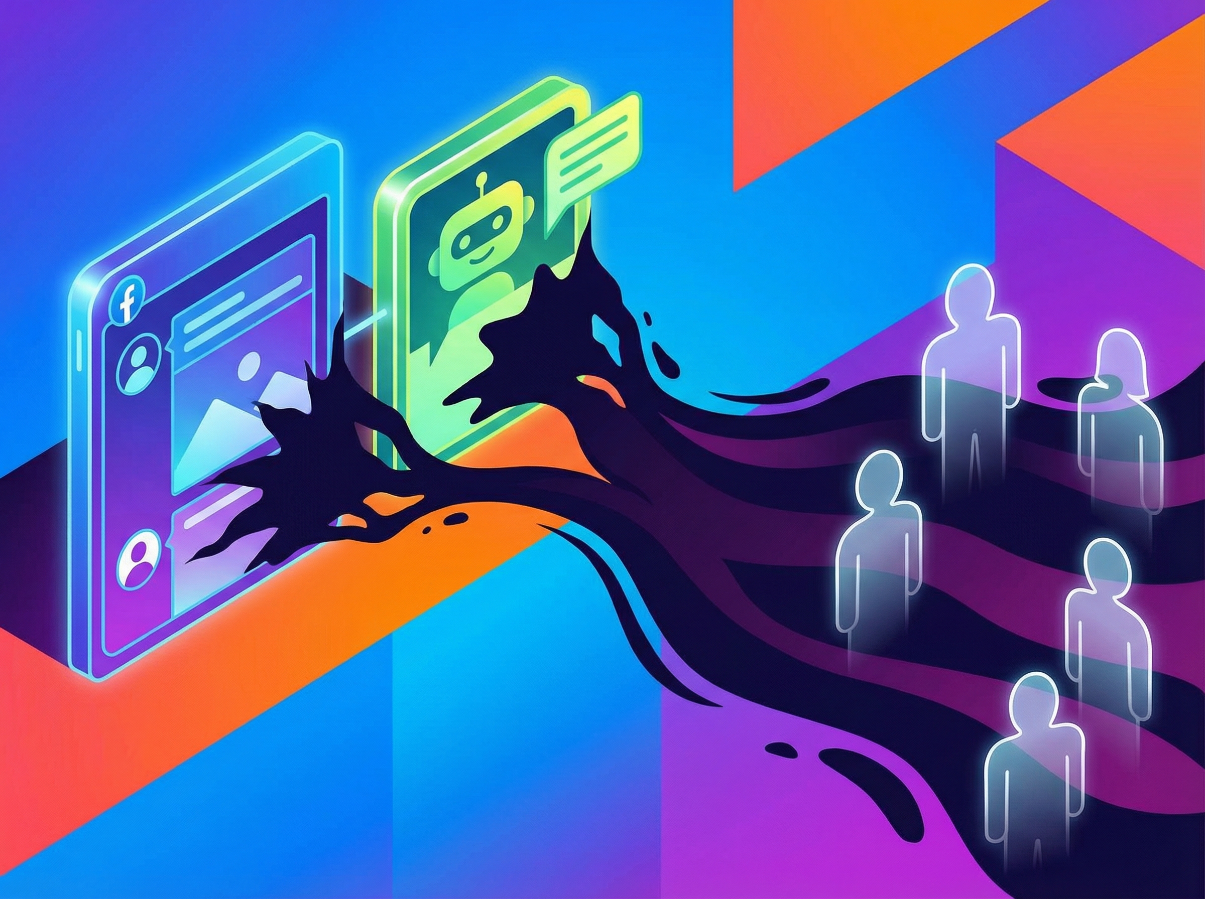 A modern infographic (no text, no graphs) illustrating the flow of harmful content (represented by abstract, dark shapes) from a stylized social media interface and an AI chatbot interface towards users, with a vibrant, clean background, high contrast, 4:3 aspect ratio.