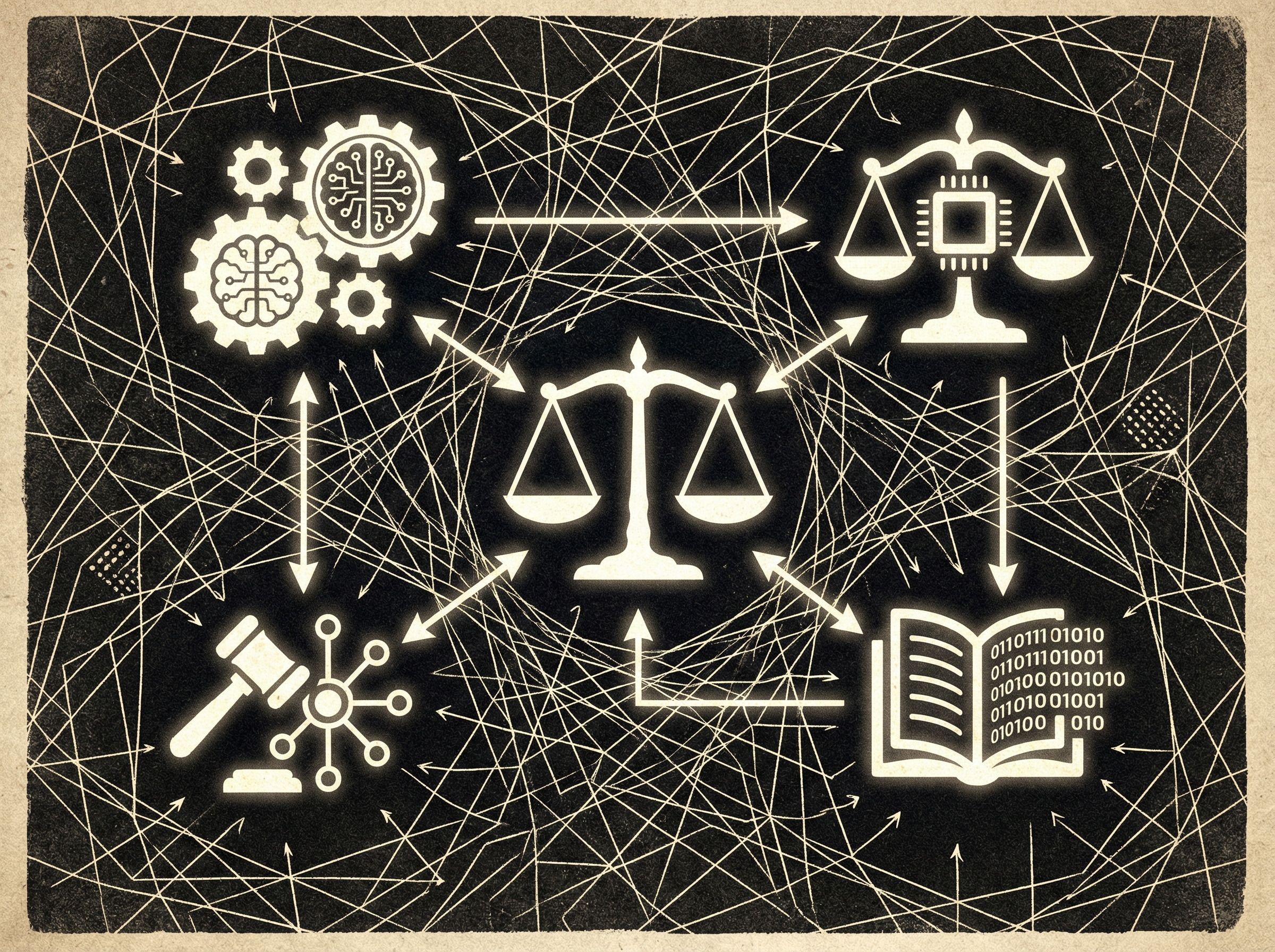 A conceptual clean infographic showing interconnected legal and technological symbols amidst a complex web, representing AI regulatory challenges, high contrast, textured background, no text, 4:3 aspect ratio