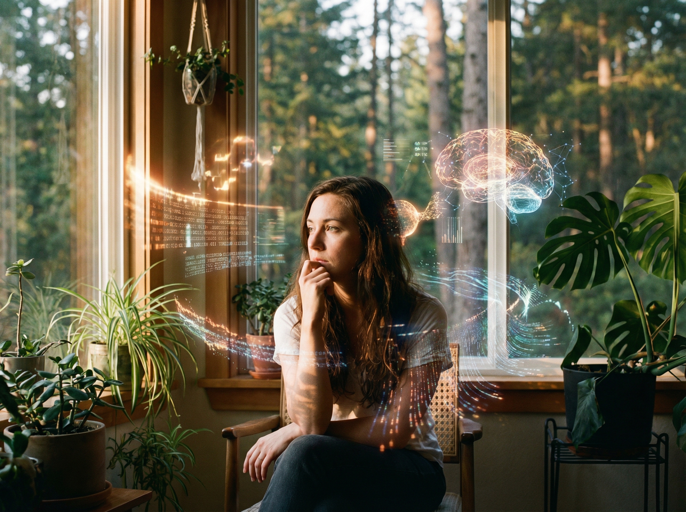 A person in deep thought, surrounded by abstract digital elements subtly influencing their mood, representing the impact of AI on mental health, lifestyle photography style, warm lighting, natural setting, 4:3 aspect ratio, no visible text