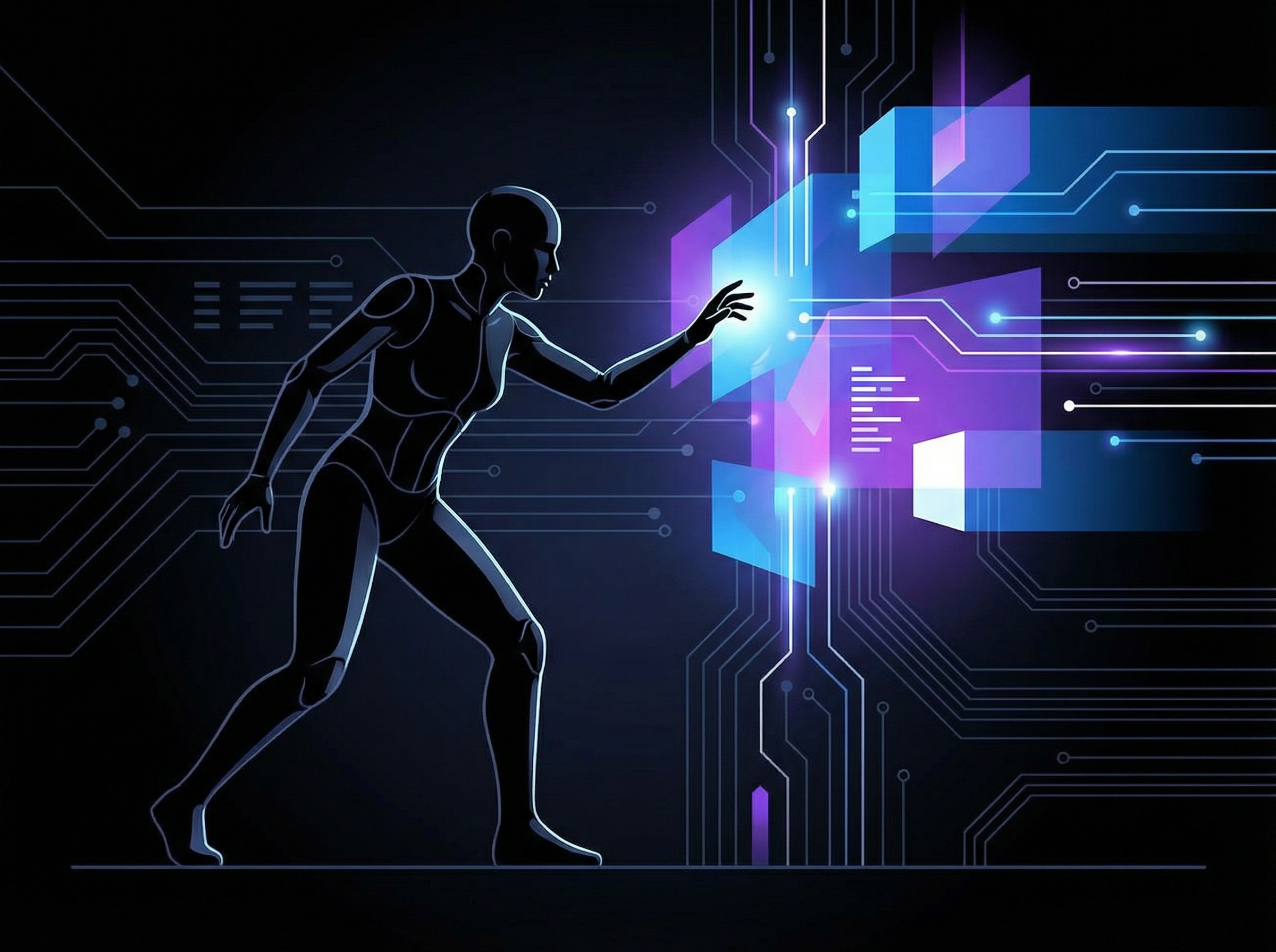 A futuristic human figure interacting with glowing abstract AI elements, with a subtle sense of caution and preparedness, clean infographic style, high contrast, 4:3 aspect ratio, no visible text