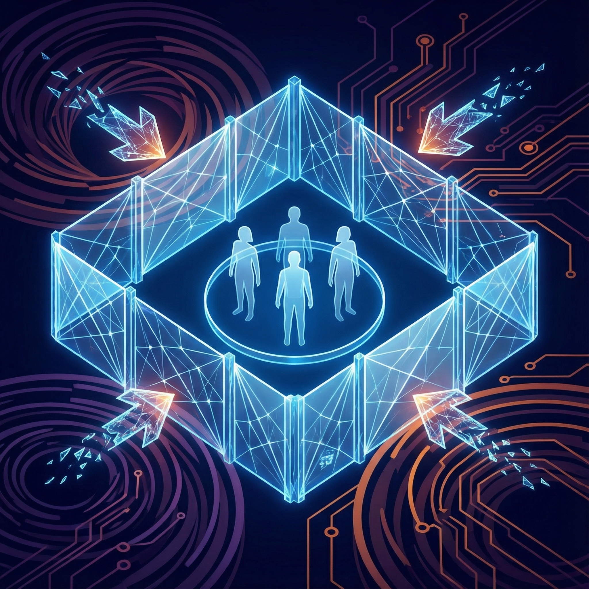 Abstract representation of digital barriers and fences protecting human figures from advanced AI. Clean infographic, modern layout, high contrast, aspect ratio 1:1, no visible text.