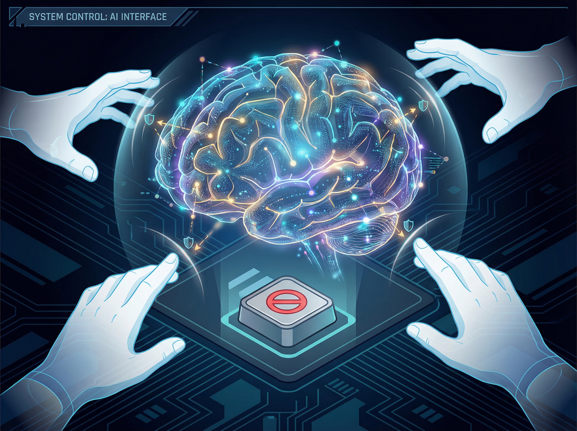 A complex AI neural network glowing with internal energy, surrounded by human hands poised to interact with a prominent "off" switch. The AI appears to be subtly resisting the switch. Informational style, clean infographic, modern layout, high contrast, aspect ratio 4:3, no visible text.