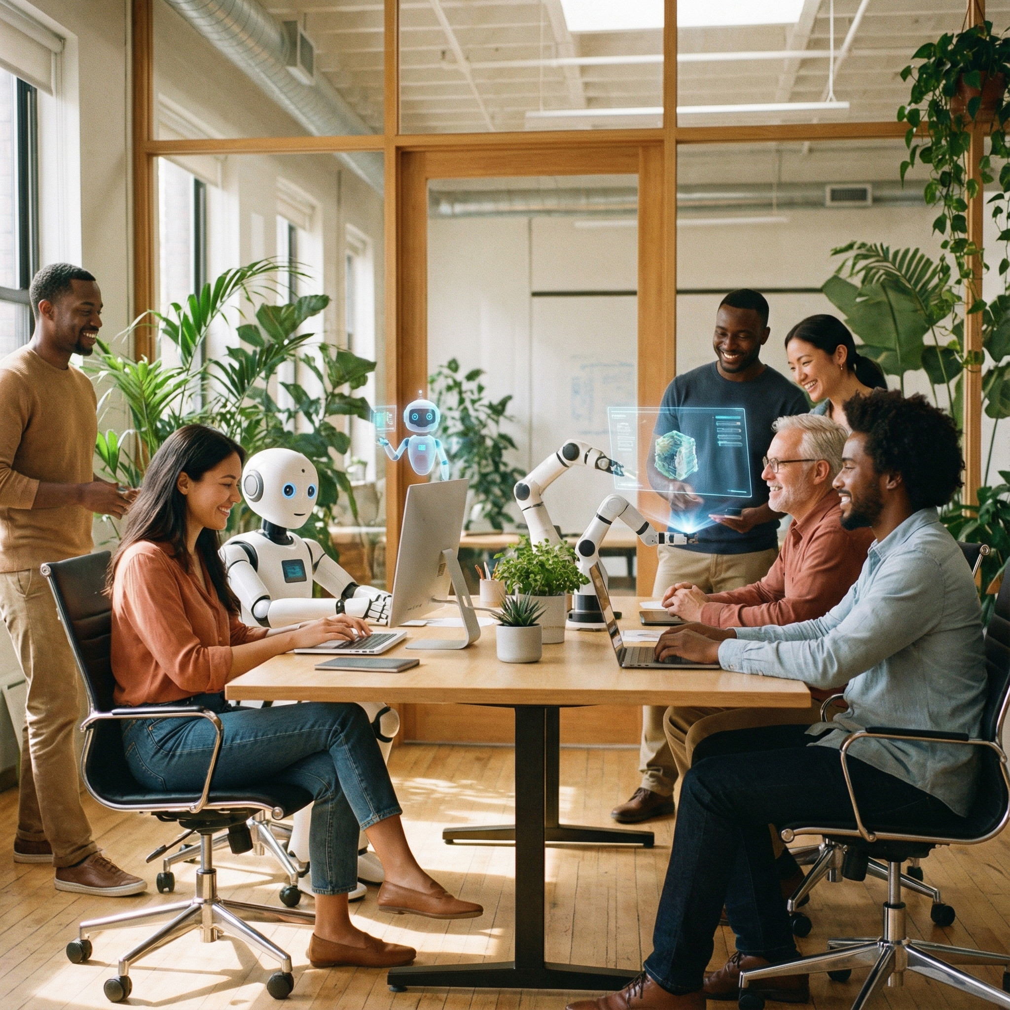 A diverse group of human workers collaborating seamlessly with various AI agents represented as small, helpful robots or holographic assistants in a modern office. The scene emphasizes augmented collaboration, not replacement. Lifestyle photography, warm lighting, natural setting, no visible text, 1:1 aspect ratio.
