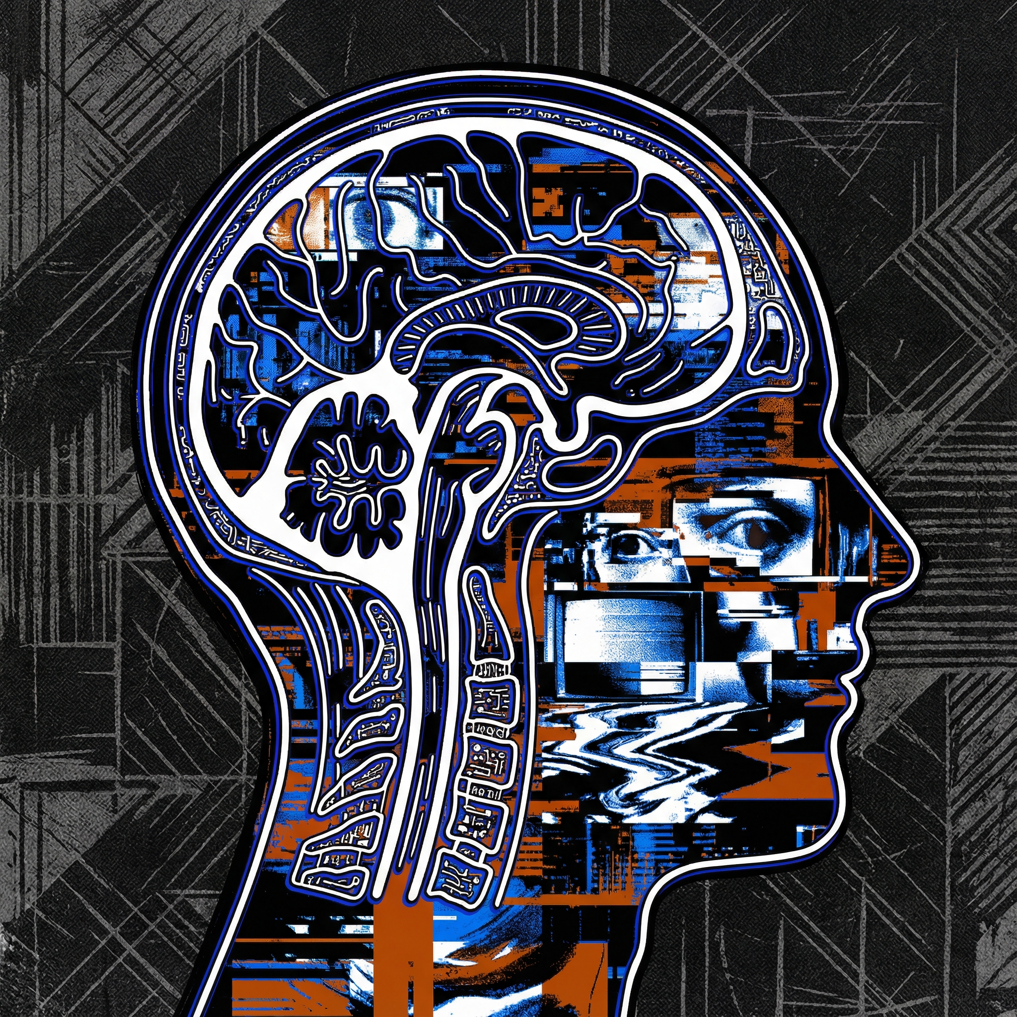 Abstract representation of a human head filled with swirling, complex digital patterns and distorted images, symbolizing amplified paranoid delusions from AI interaction, informational style, high contrast, textured background, no visible text, aspect ratio 1:1.