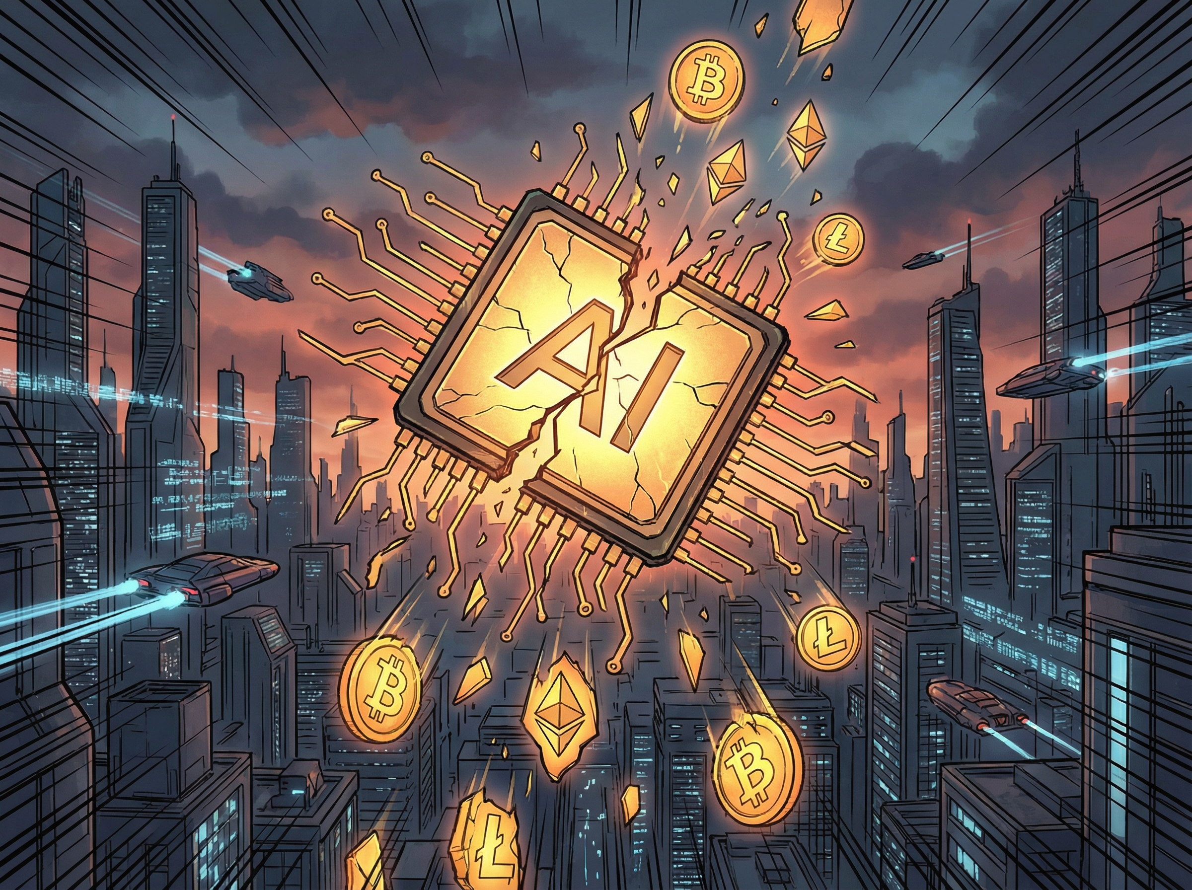 A dynamic, illustrative scene showing an AI chip starting to crack, with cryptocurrency symbols falling from it like shattered pieces. The background is a futuristic city with a slightly dark, warning tone. No visible text, aspect ratio 4:3.