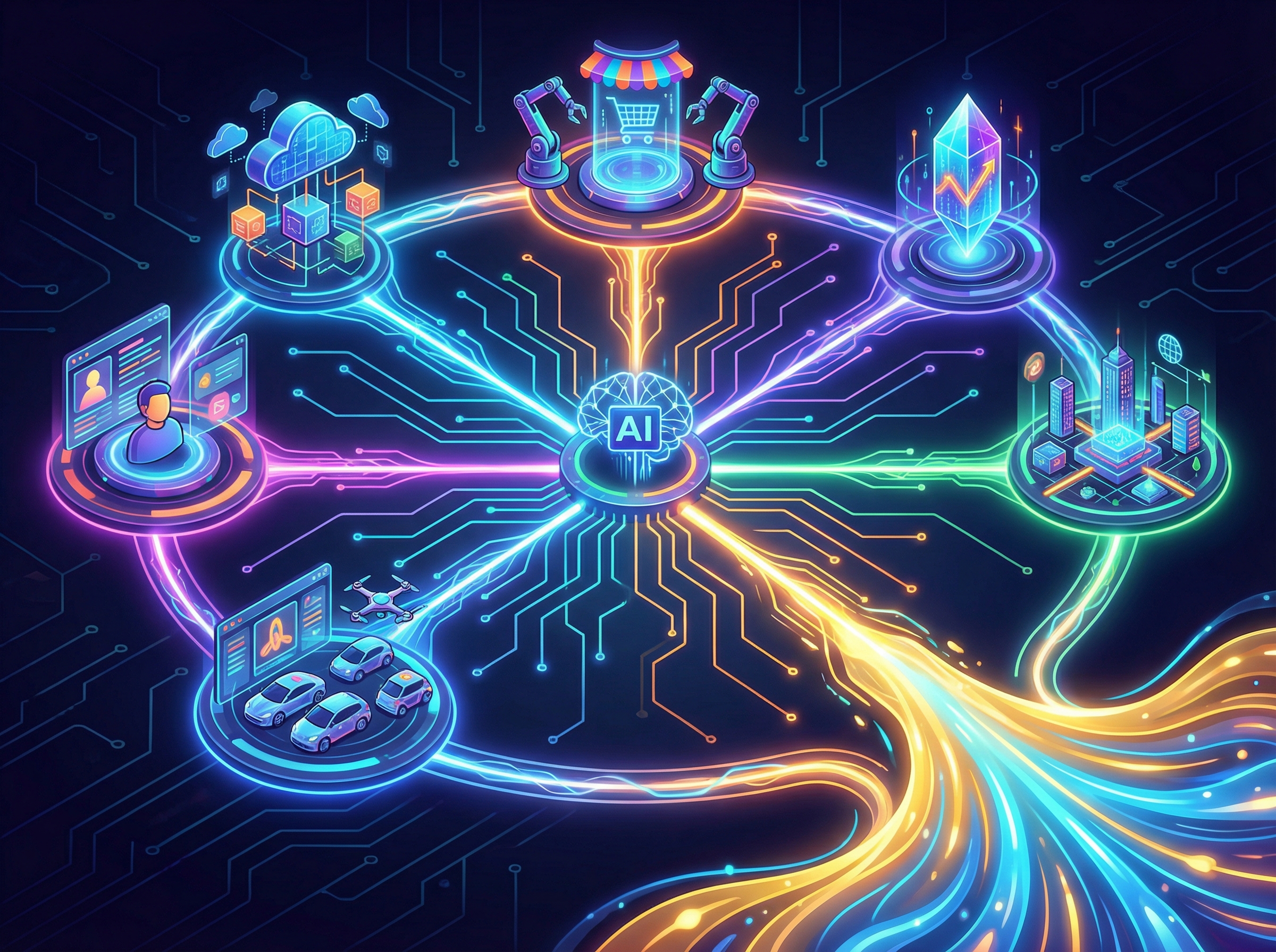 A vibrant, futuristic infographic showing various business models intertwined with AI symbols, representing diversification and new revenue streams. Clean, modern layout, high contrast, no visible text, aspect ratio 4:3.