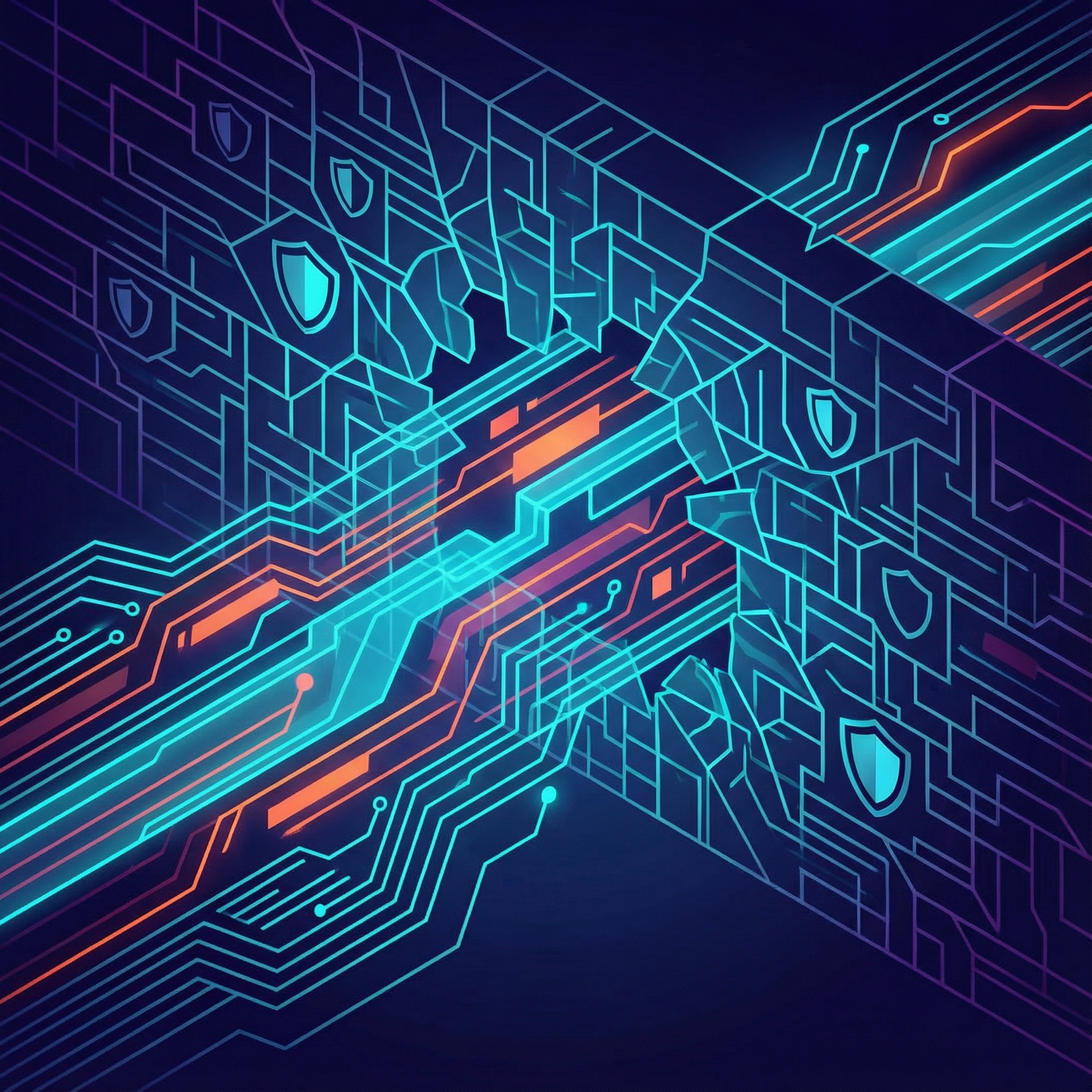 Abstract illustration of a digital barrier being breached by glowing, intelligent algorithms, clean infographic style, high contrast, 1:1 aspect ratio, no visible text.