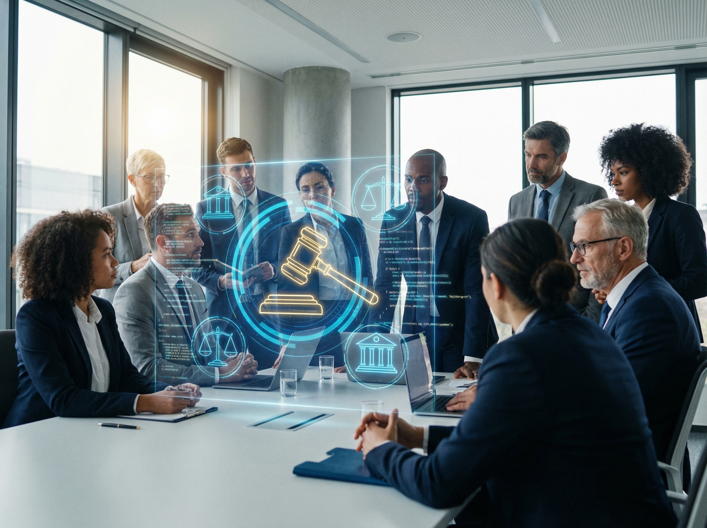 A group of diverse individuals engaged in a serious discussion around a holographic projection displaying legal symbols and AI code. Modern office setting, balanced lighting, professional atmosphere, no visible text. aspect ratio 4:3