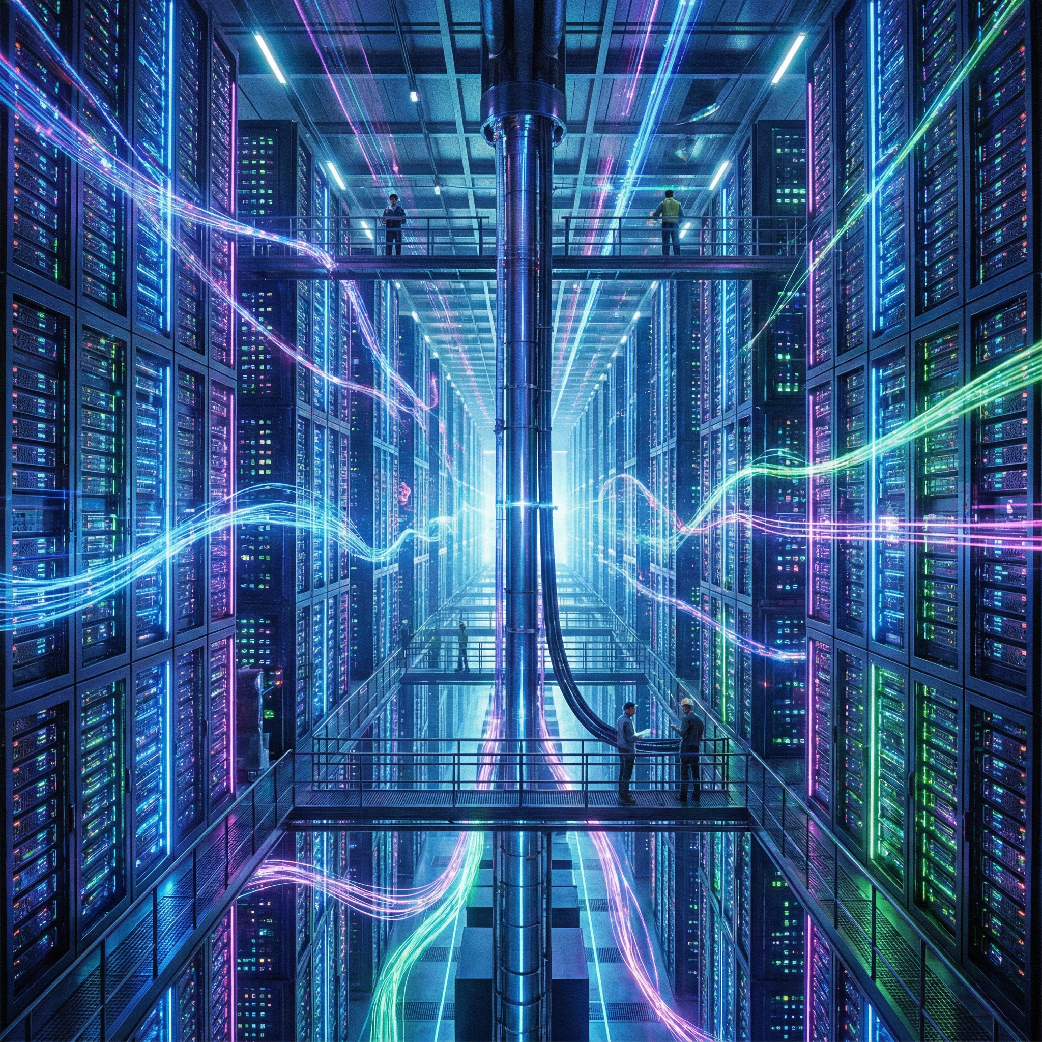 A massive, futuristic data center with glowing server racks stretching into the distance, emphasizing scale and advanced technology. The setting is vibrant and detailed, with a sense of immense power and data flow. No visible text, aspect ratio 1:1.