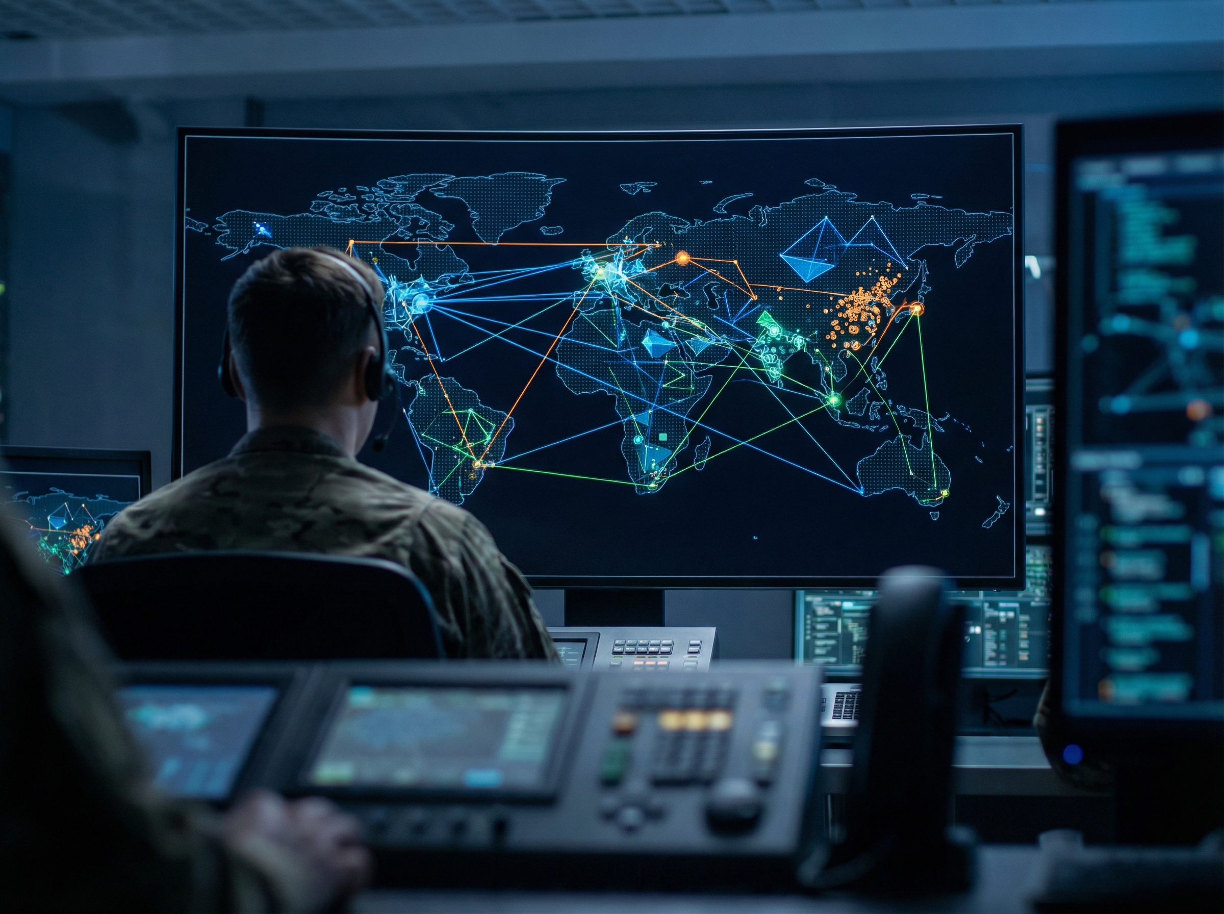 A military intelligence analyst viewing a complex AI-generated target list on a screen, with abstract data points and network lines overlaying a map, clean infographic style, high contrast, no visible text, aspect ratio 4:3.