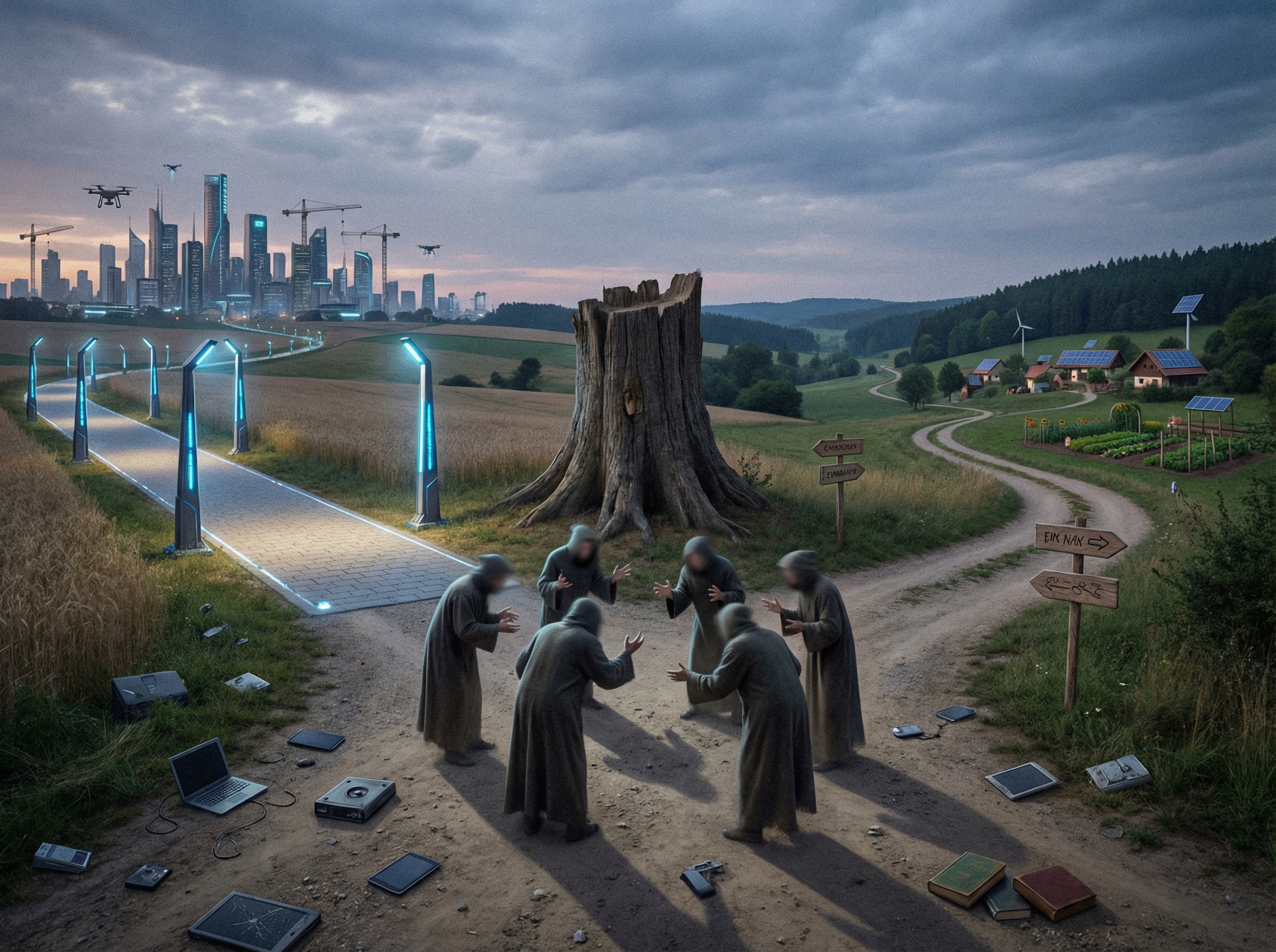 A visual metaphor of a crossroads with one path labeled "AI Progress" and another "AI Safety". Several shadowy figures are at the intersection, symbolizing the ethical dilemmas. Emphasize the societal impact in a detailed composition style. No visible text. Aspect ratio 4:3.