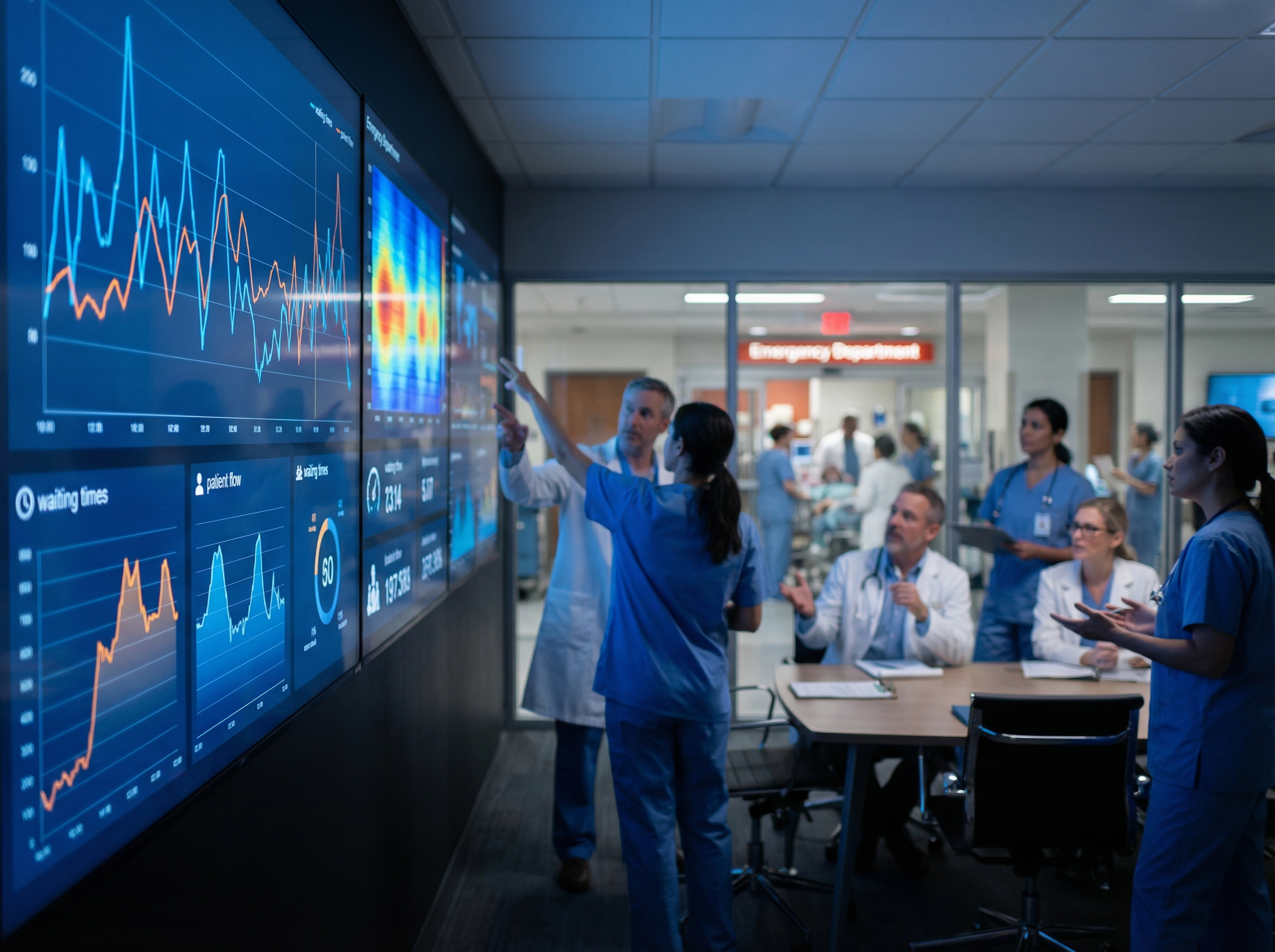 An advanced AI forecasting tool interface displaying graphs and data related to hospital emergency room waiting times and patient flow, with doctors and nurses in the background collaborating efficiently. Informational style, high contrast, 4:3 aspect ratio, no visible text.