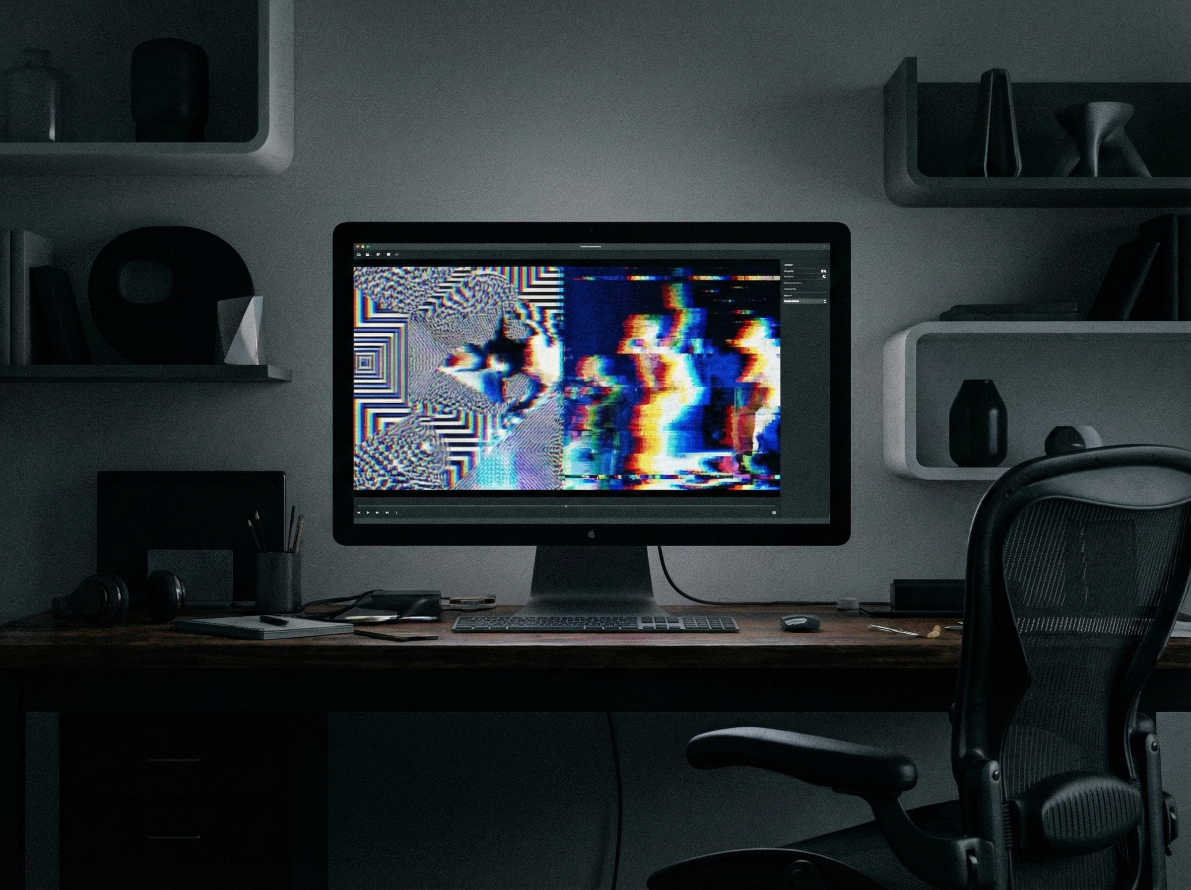 AI generated low quality video content on a computer screen, with distorted images and repetitive patterns, modern layout, high contrast, no visible text, aspect ratio 4:3