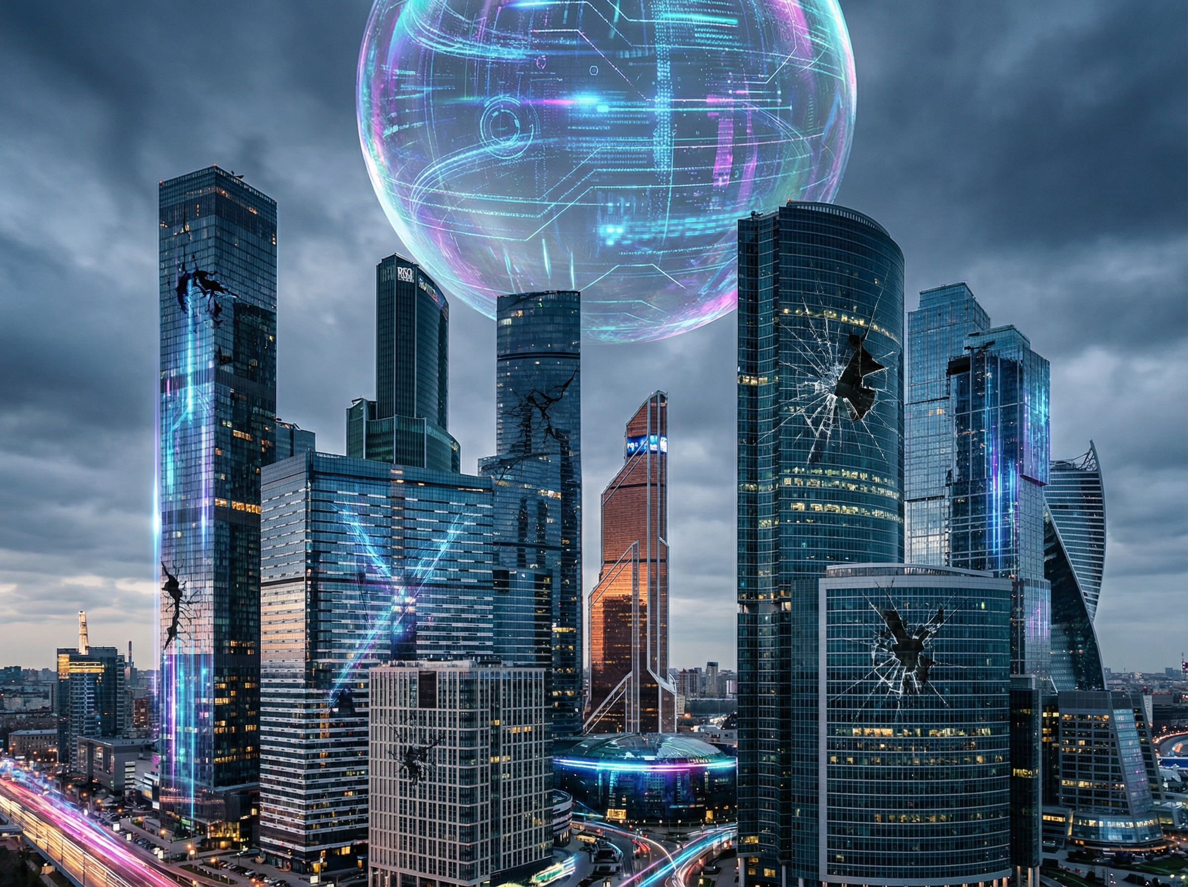 A futuristic city skyline with digital elements, some buildings showing signs of cracking and a large bubble above, representing the AI industry's optimistic but fragile state. High contrast, modern layout, no visible text, aspect ratio 4:3.