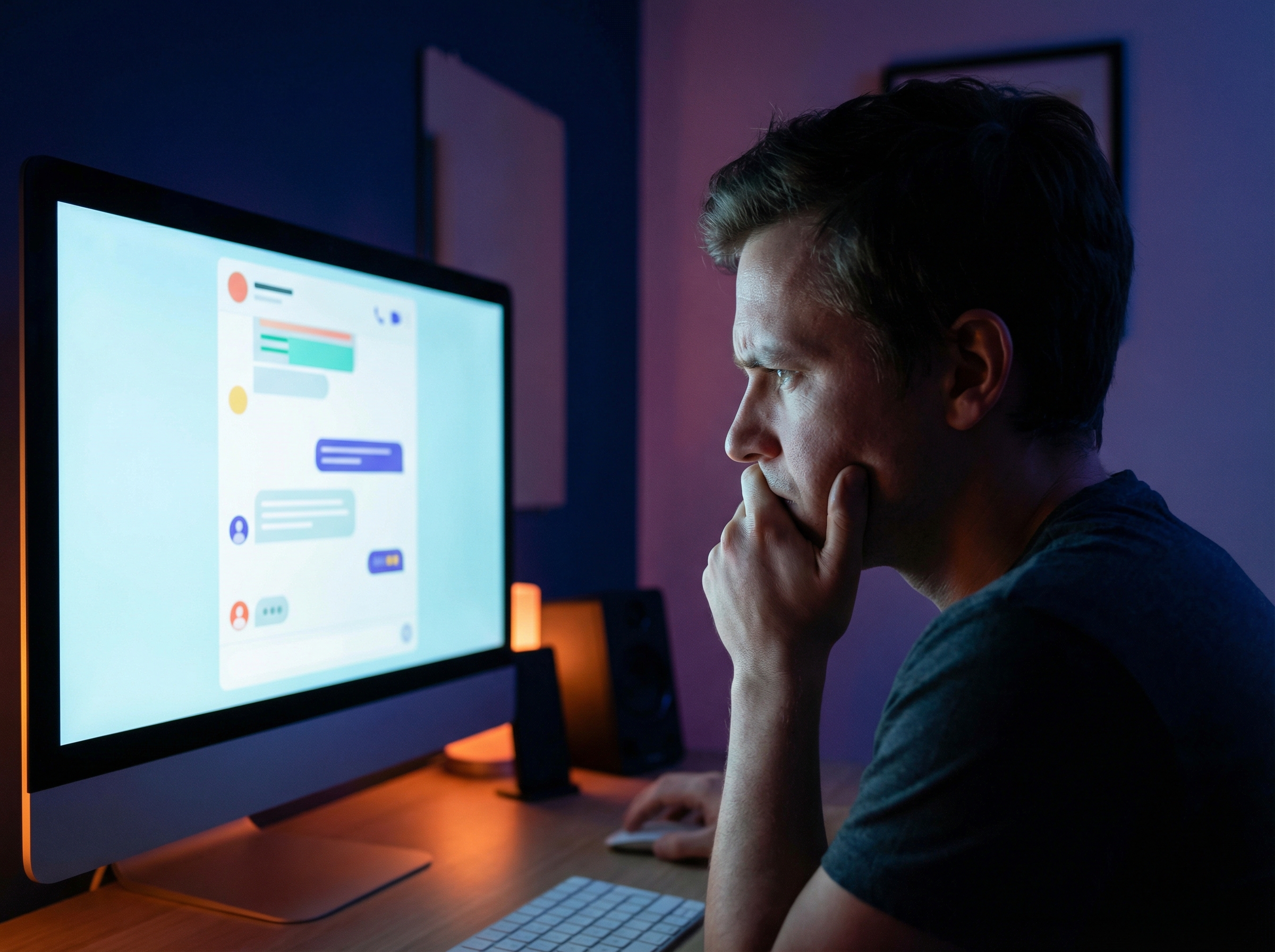 A person with a worried expression looking at a computer screen showing AI chat interface, subtle glow, modern layout, informational style, high contrast, colored background, no visible text, aspect ratio 4:3.
