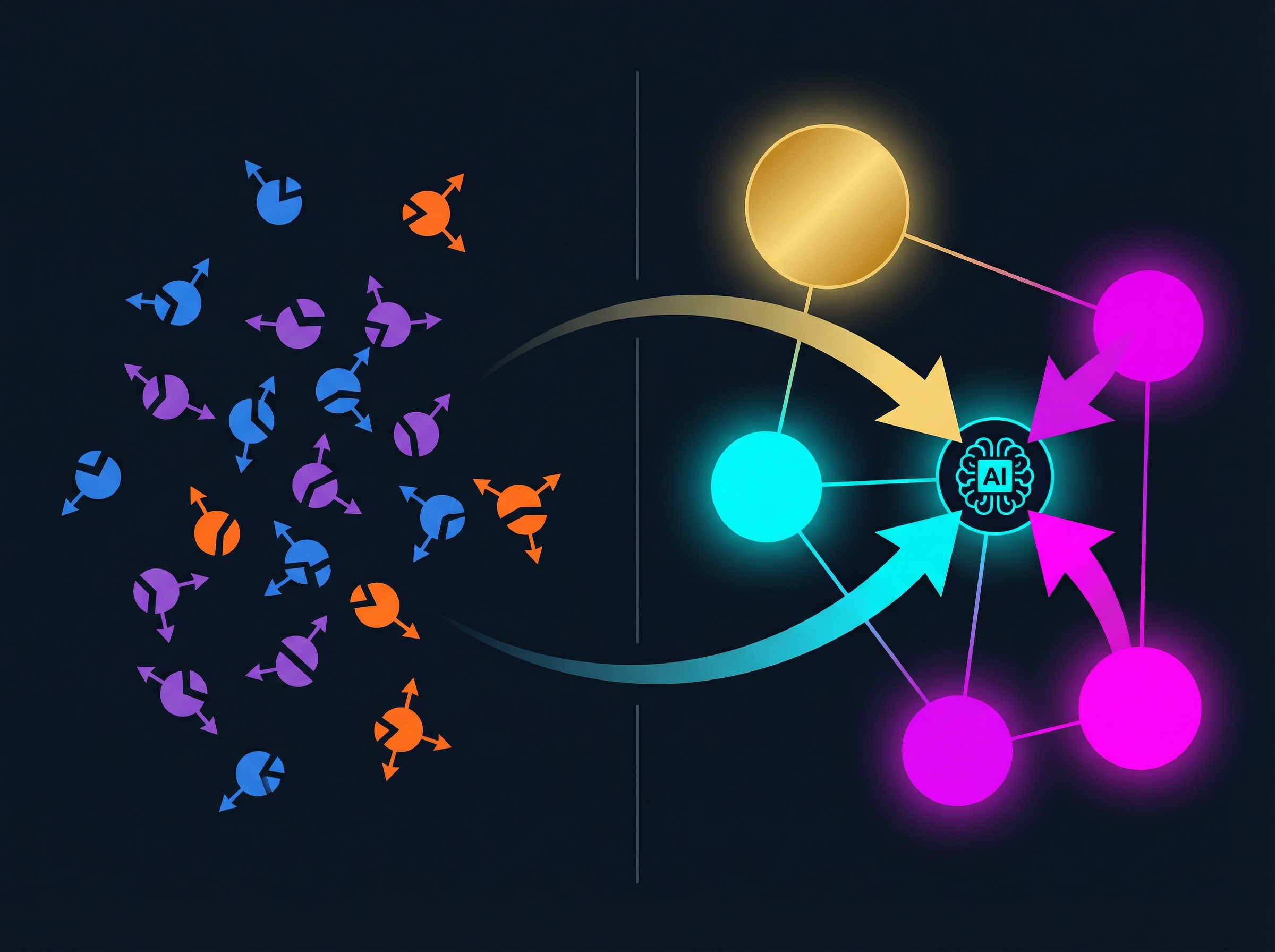 Modern illustration depicting a shift in focus from many scattered small investments to fewer, larger, more concentrated investments in artificial intelligence, using arrows and clear visual separation. Use a clean, digital art style with a contrasting color scheme on a dark background. No visible text, 4:3 aspect ratio.