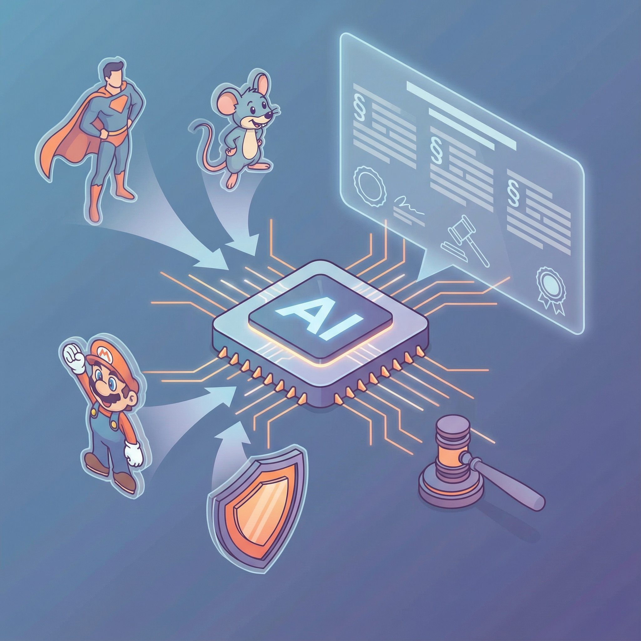 Stylized depiction of an AI model processing various recognizable, but slightly altered, copyrighted characters, with a legal document overlay. Informational style, clean infographic, no visible text. aspect ratio 1:1