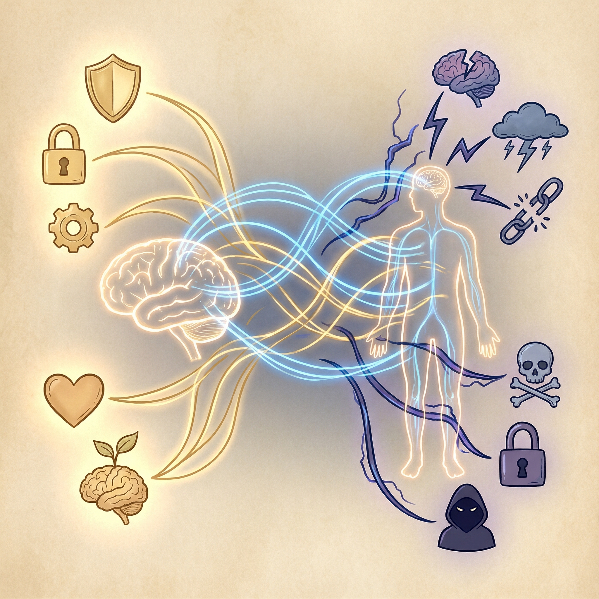 Abstract representation of AI data streams interacting with human brain and body outlines, showing both positive and negative connections. Focus on cybersecurity and mental health icons. Informational style, warm lighting, textured background. No visible text. Aspect ratio 1:1.