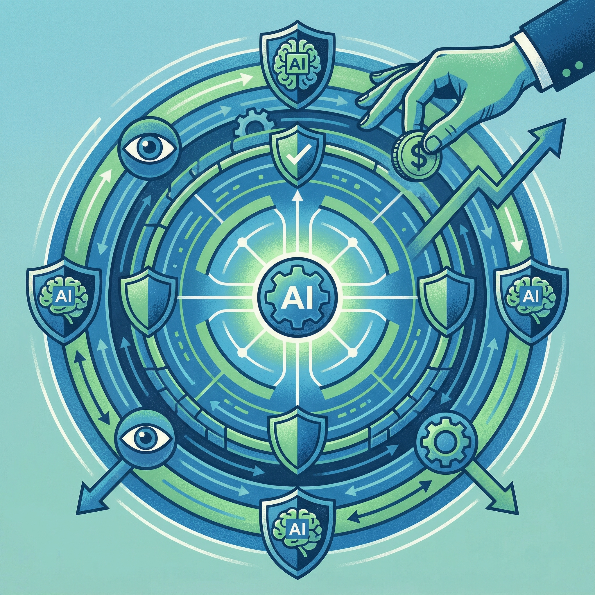 Modern illustration of a secure enterprise network with AI safeguards, representing increased investment in AI safety and oversight. Use a blue and green color palette, a textured background, and a centered focus. No visible text, 1:1 aspect ratio.
