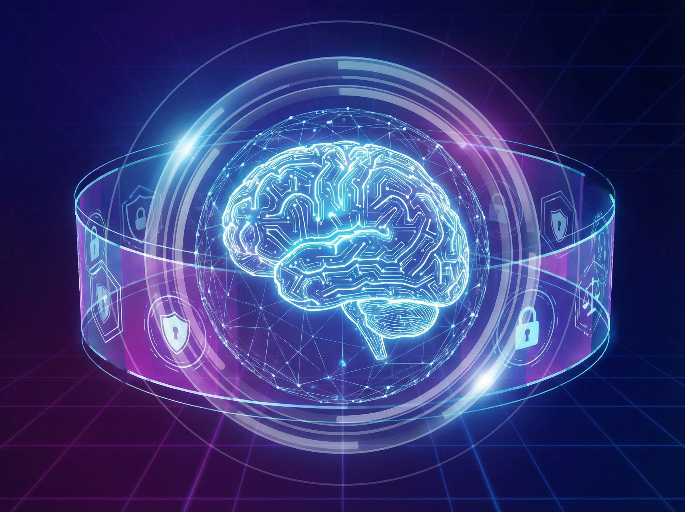A conceptual image showing a digital brain or AI core surrounded by ethical guidelines and safety protocols, representing the need for robust AI safety frameworks, informational style, modern layout, high contrast, gradient background, no visible text, aspect ratio 4:3.