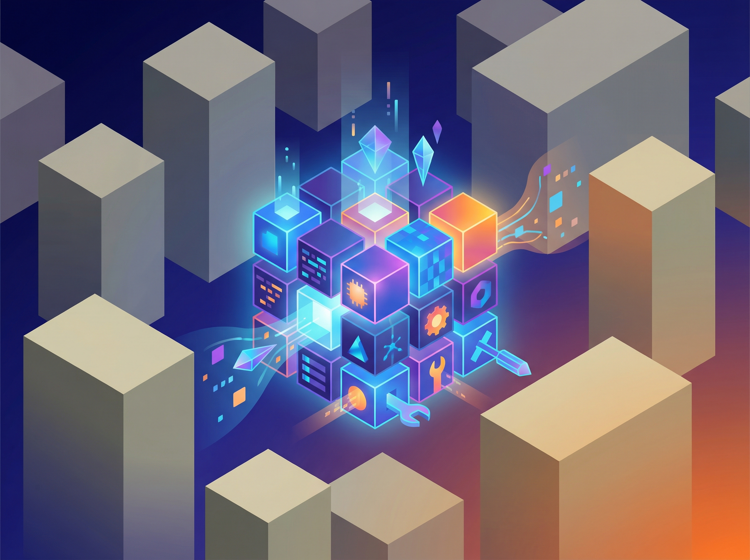 Abstract illustration showing a small, unique AI startup standing out from larger, generic competitors, emphasizing proprietary data and specialized solutions as a competitive advantage. Use a vibrant color palette and geometric shapes on a gradient background. No visible text, 4:3 aspect ratio.
