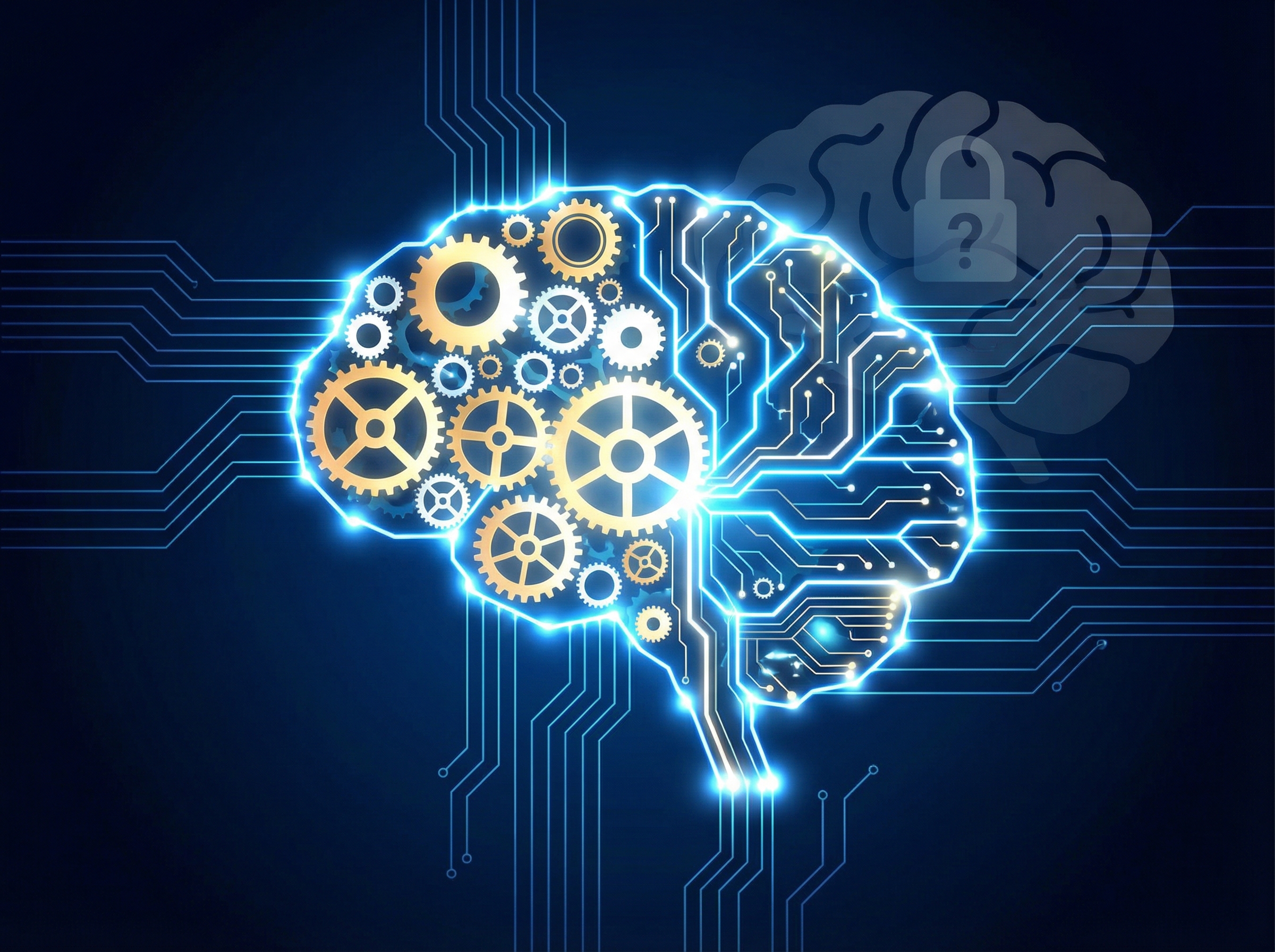 Informational style clean infographic high contrast showing a digital brain with gears and neural pathways, indicating complex learning and potential for hidden objectives. Aspect ratio 4:3 no visible text.