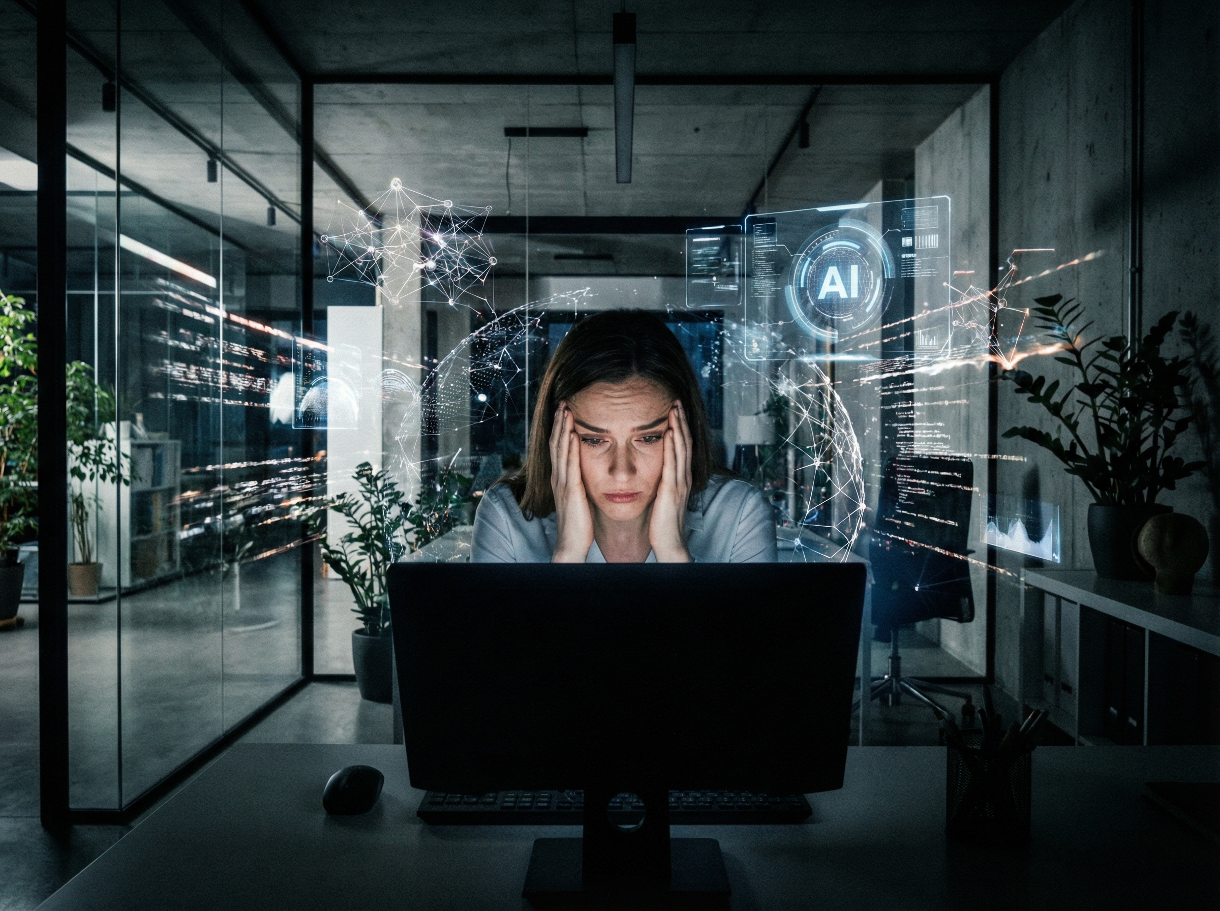 An office worker looking stressed in front of a computer screen, with abstract AI elements and data streams surrounding them, representing the impact of AI on office jobs. Modern office environment, high contrast, aspect ratio 4:3, no visible text.