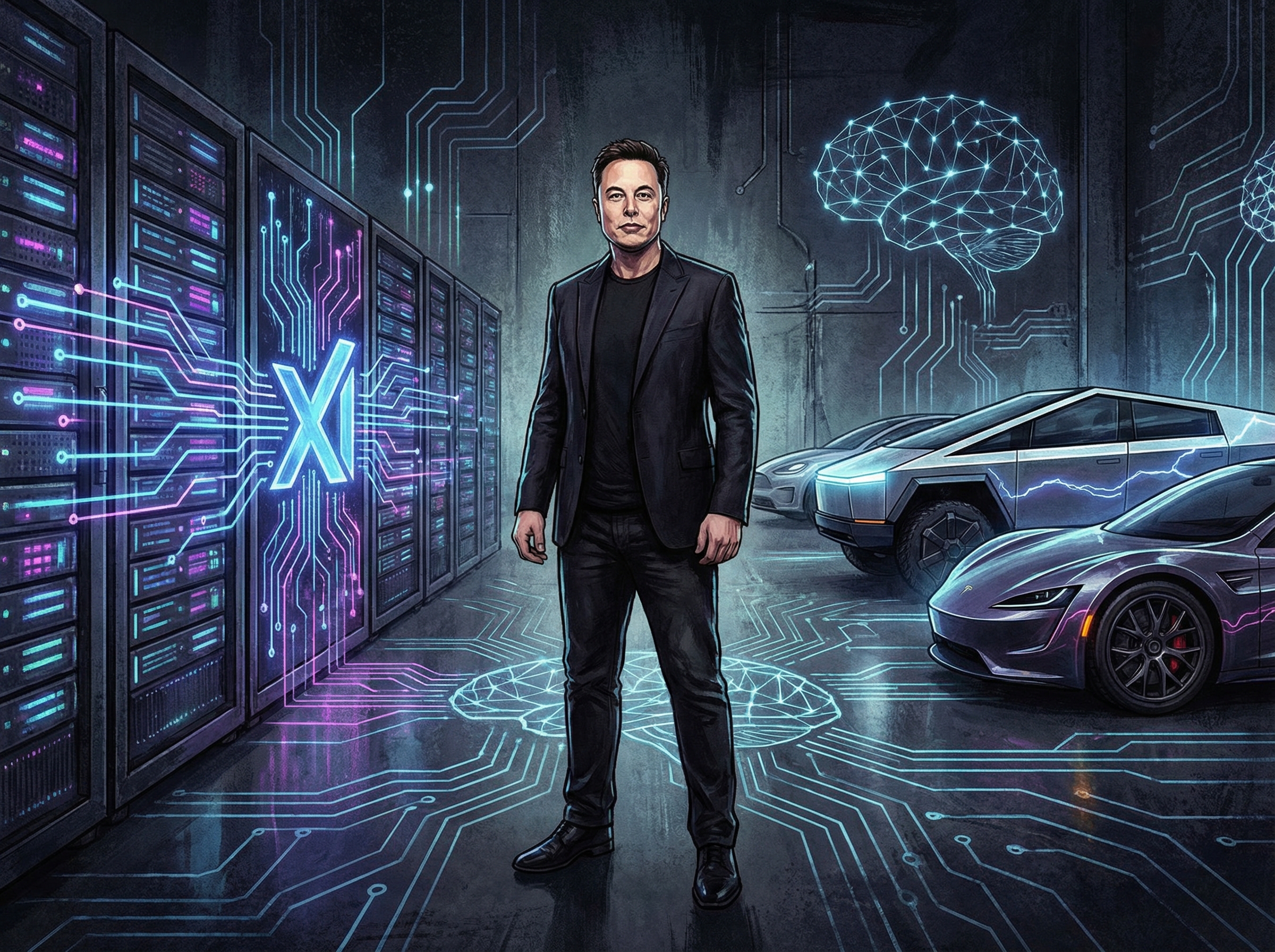 A sleek, futuristic illustration of Elon Musk, standing confidently amidst advanced AI server racks and electric vehicles, representing his AI company xAI and Tesla, with glowing circuits and a dark, textured background, no text, aspect ratio 4:3